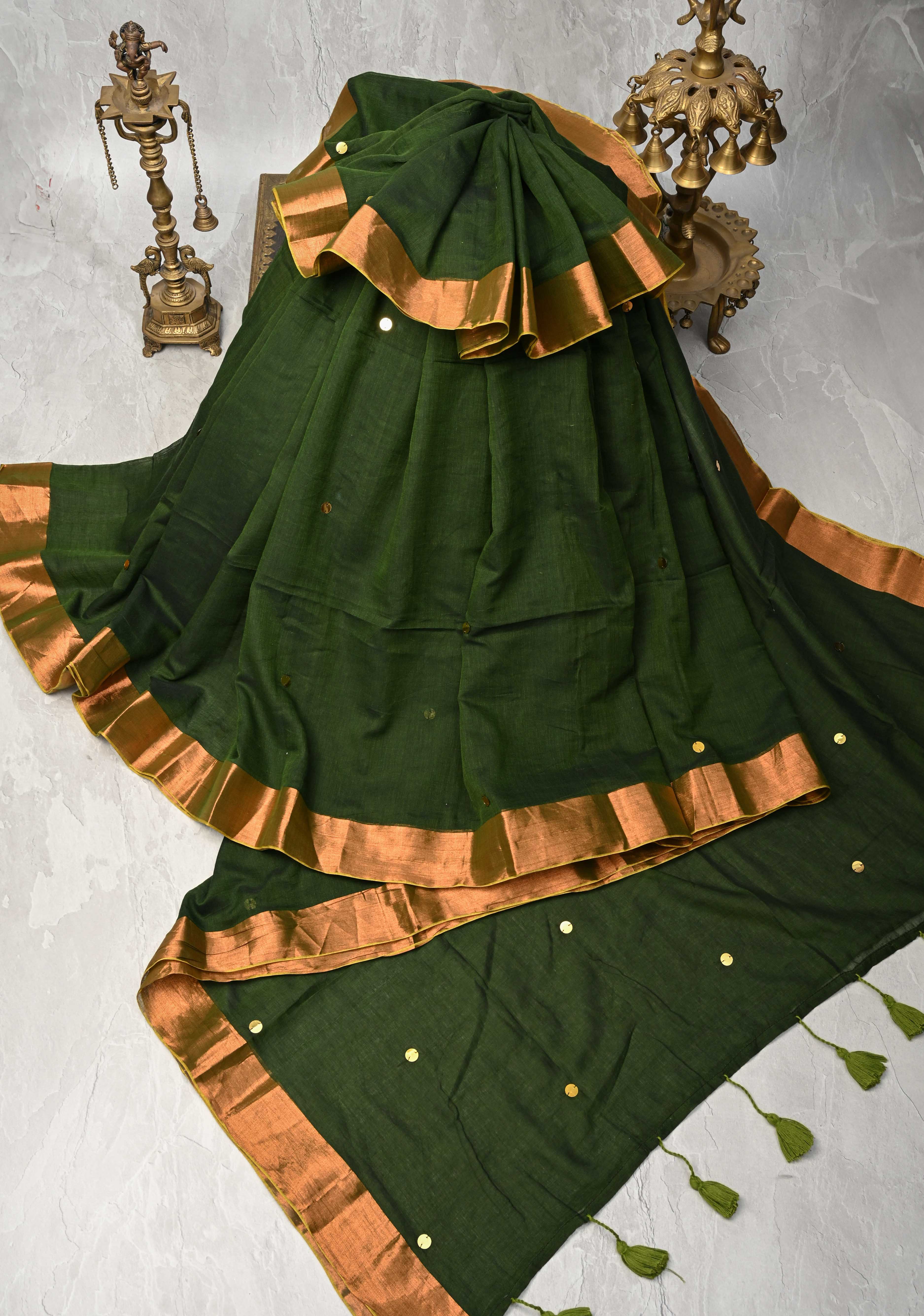 Deep Forest Green Bengal Cotton saree in With Tikki work and Long Tassels | SHOBITAM