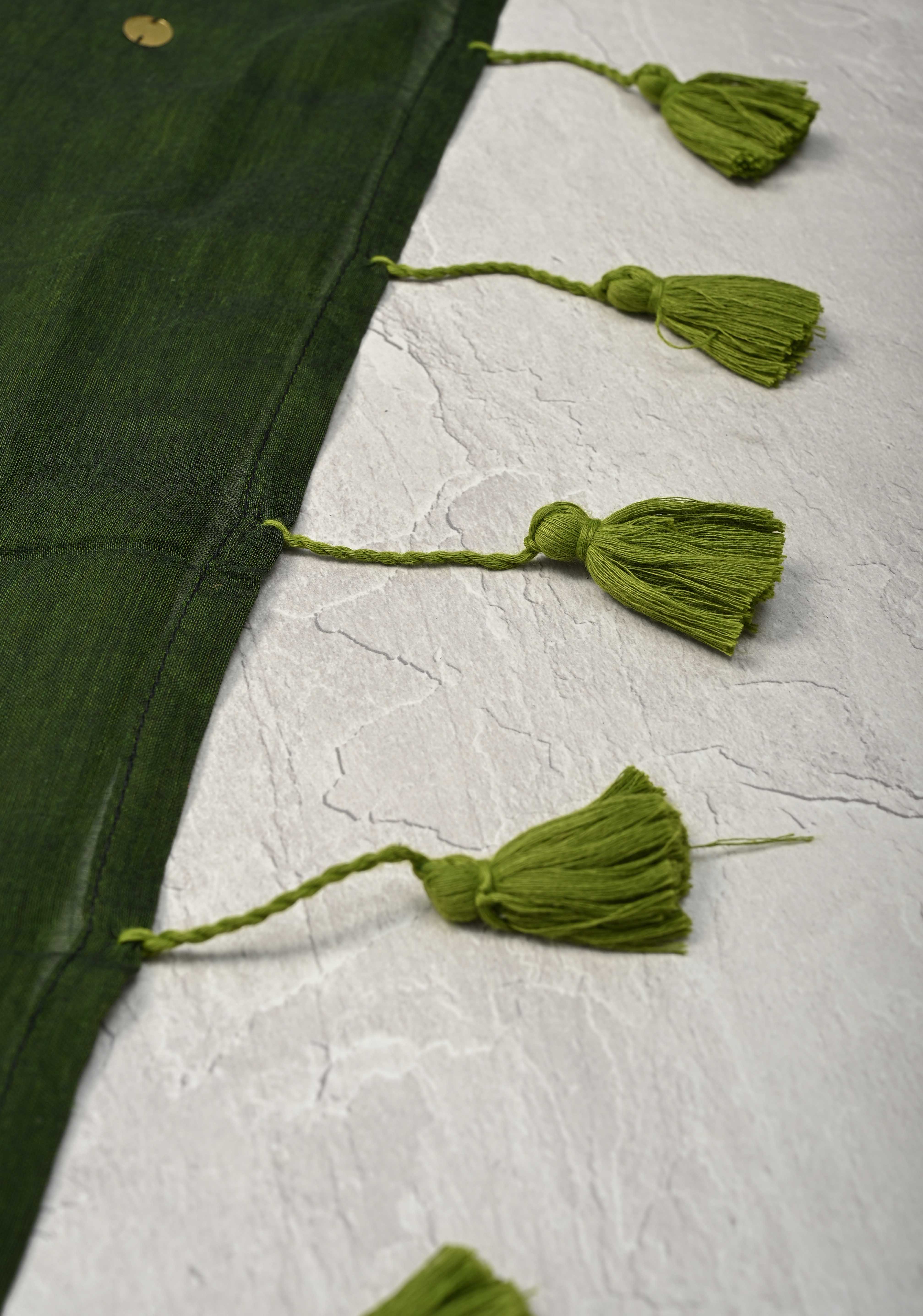 Deep Forest Green Bengal Cotton saree in With Tikki work and Long Tassels | SHOBITAM