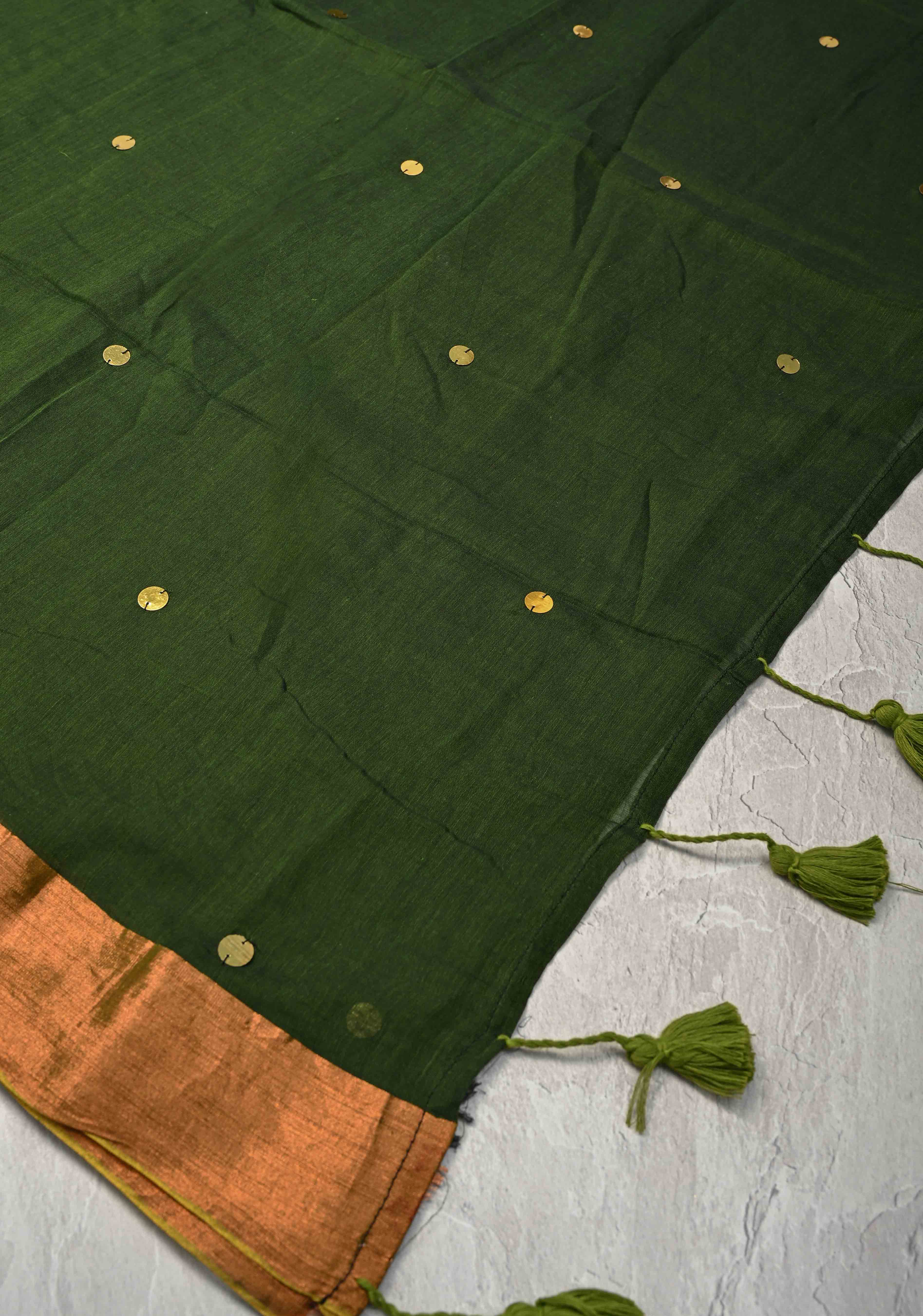Deep Forest Green Bengal Cotton saree in With Tikki work and Long Tassels | SHOBITAM