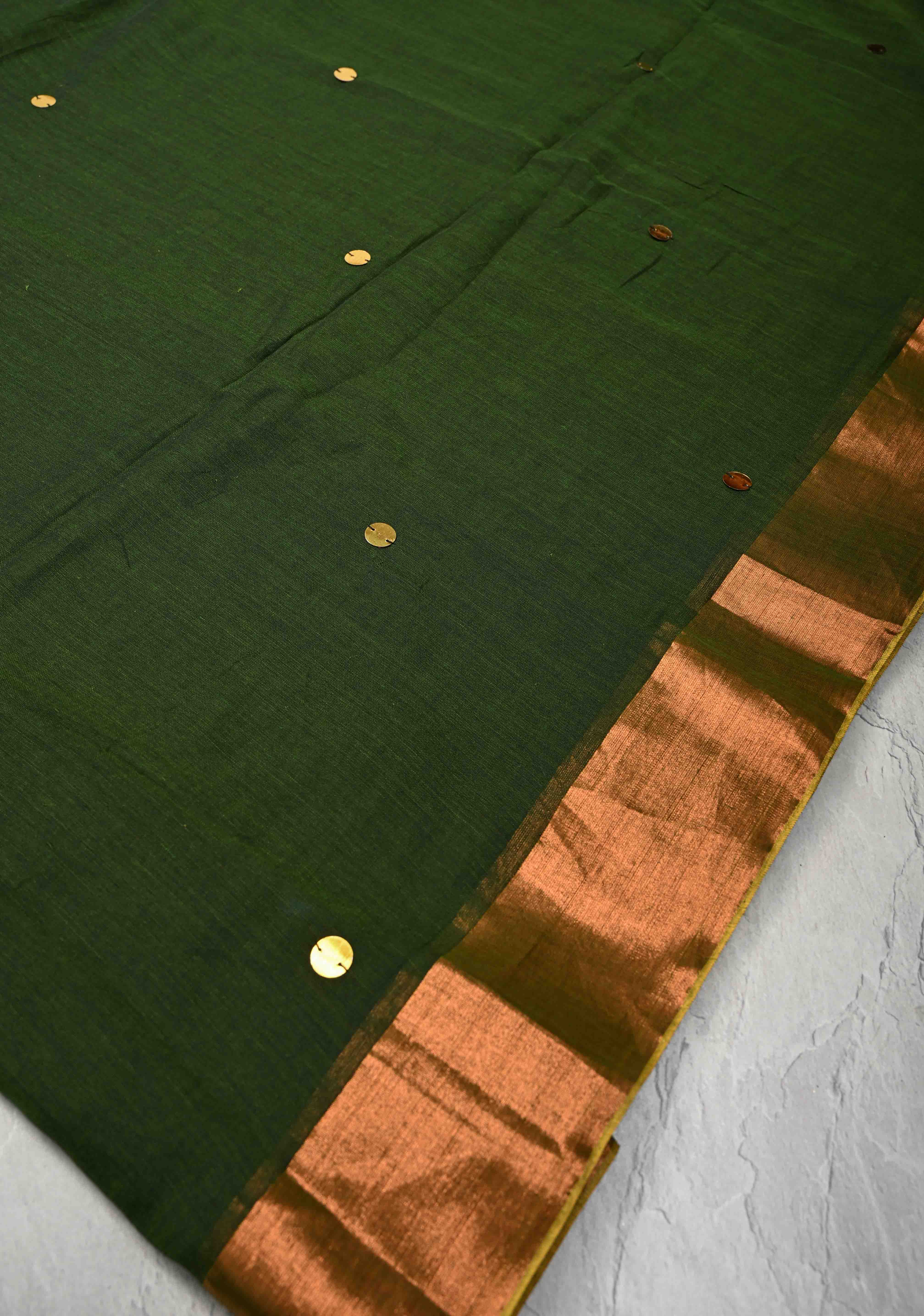 Deep Forest Green Bengal Cotton saree in With Tikki work and Long Tassels | SHOBITAM