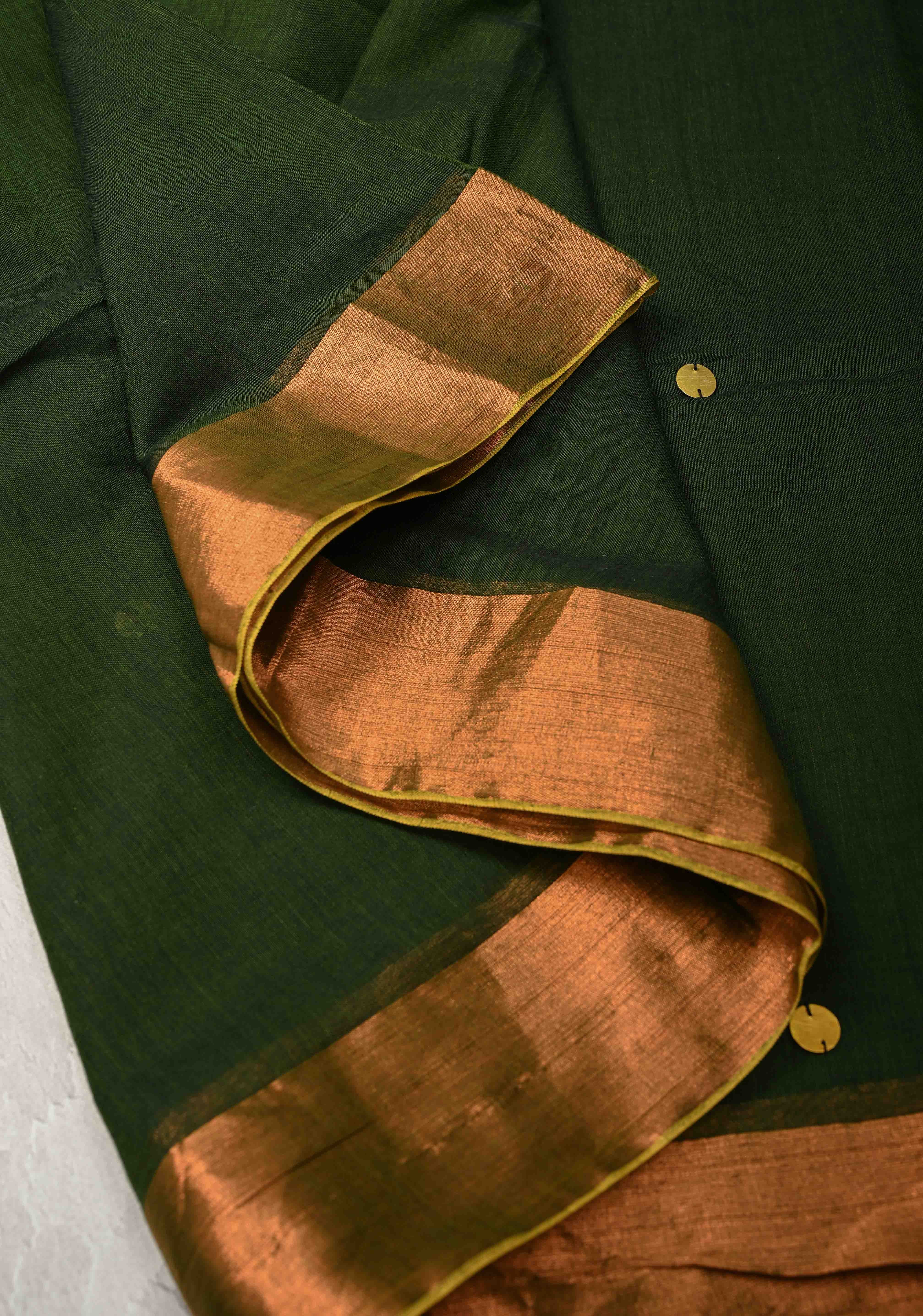 Deep Forest Green Bengal Cotton saree in With Tikki work and Long Tassels | SHOBITAM
