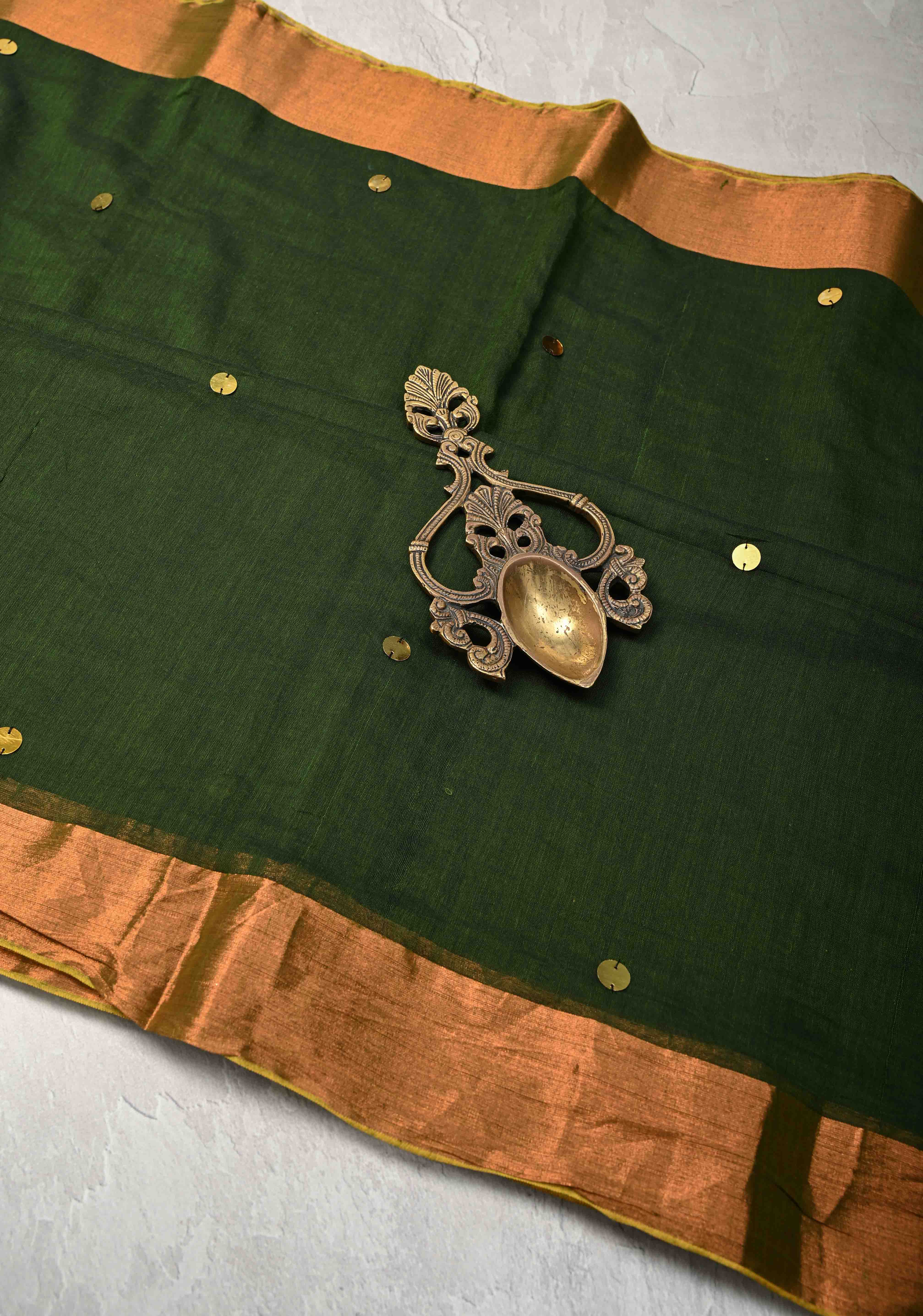 Deep Forest Green Bengal Cotton saree in With Tikki work and Long Tassels | SHOBITAM