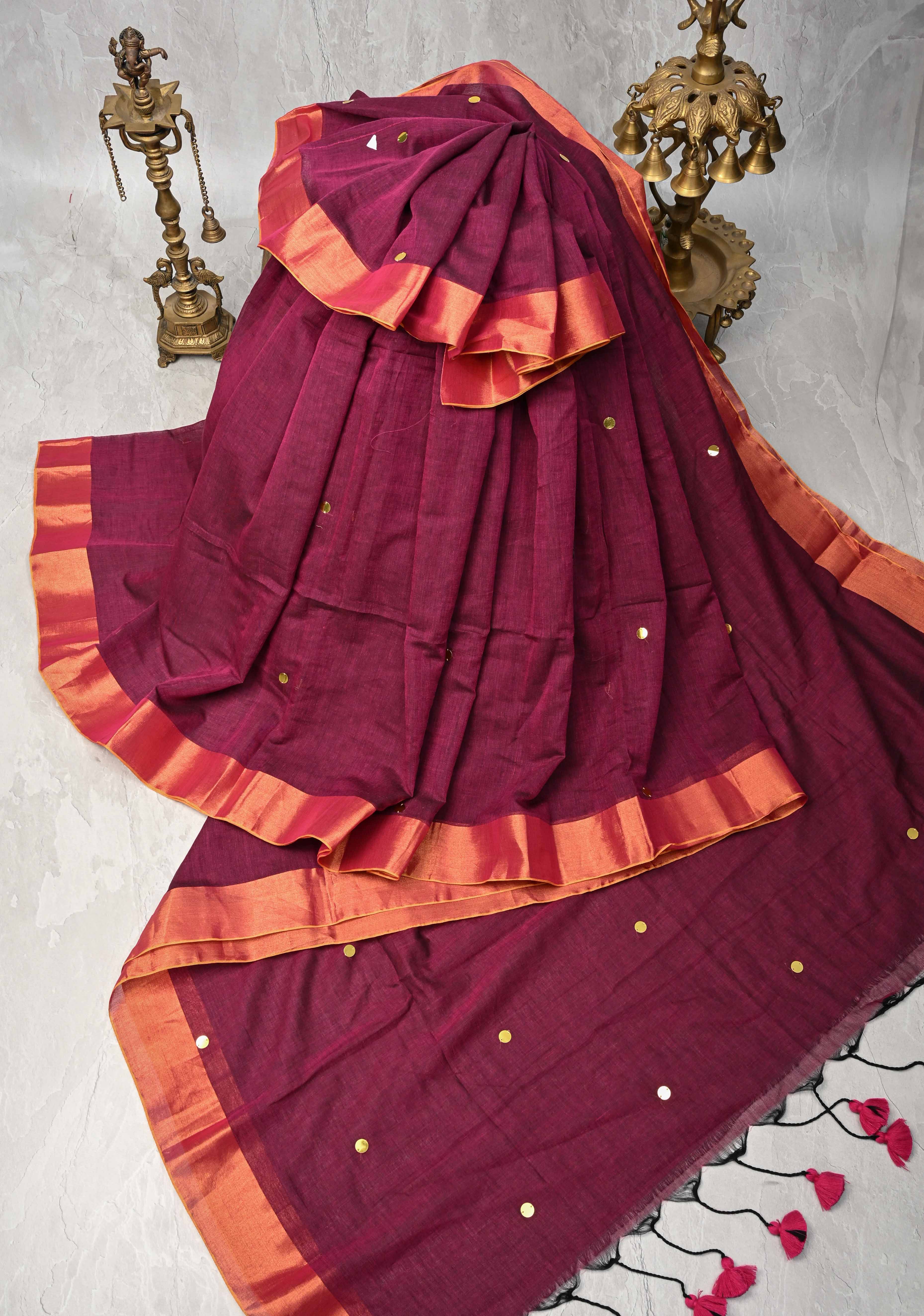 Magenta Bengal Cotton saree in With Tikki work and Long Tassels | Shobitam