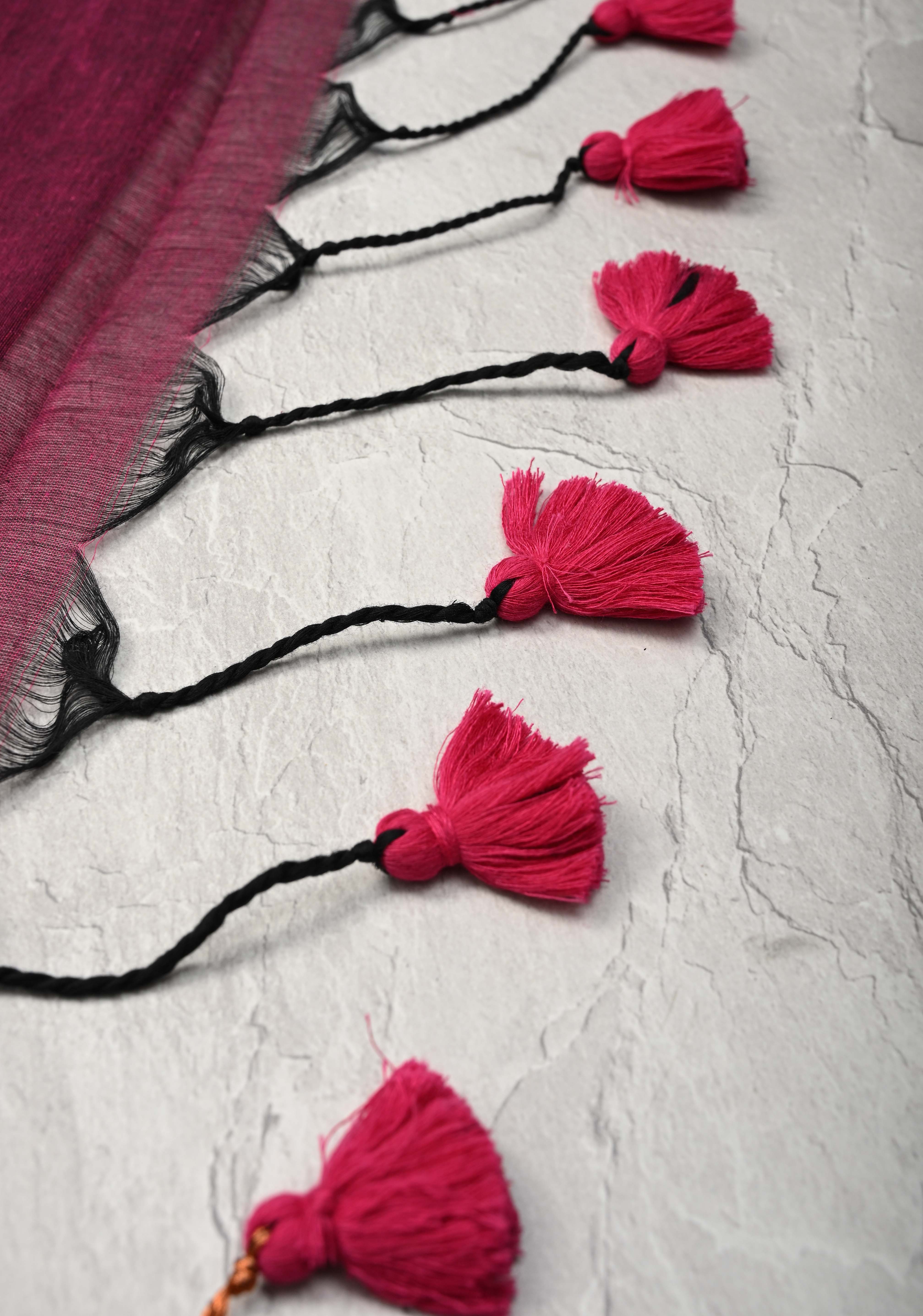 Magenta Bengal Cotton saree in With Tikki work and Long Tassels | Shobitam