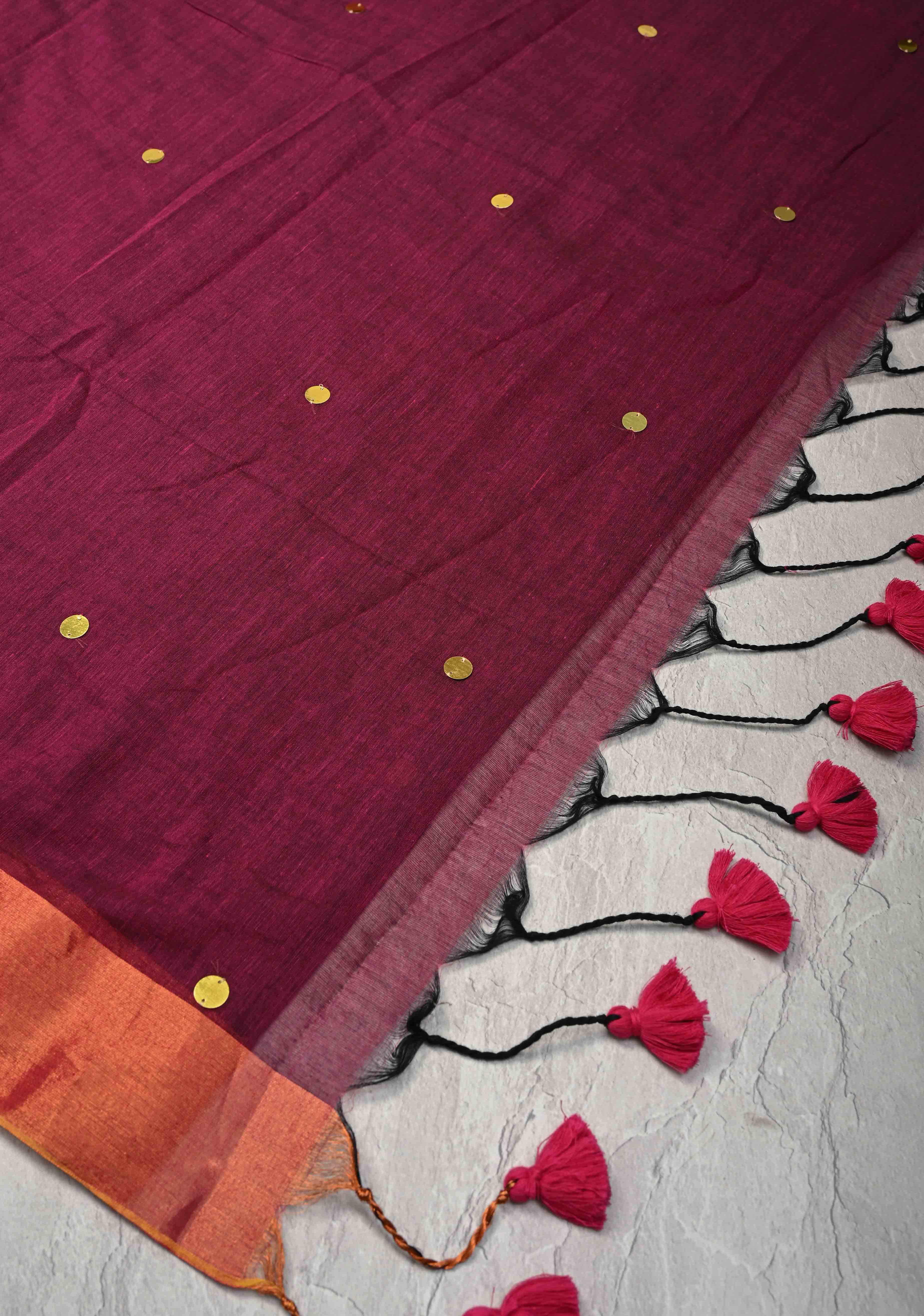 Magenta Bengal Cotton saree in With Tikki work and Long Tassels | Shobitam