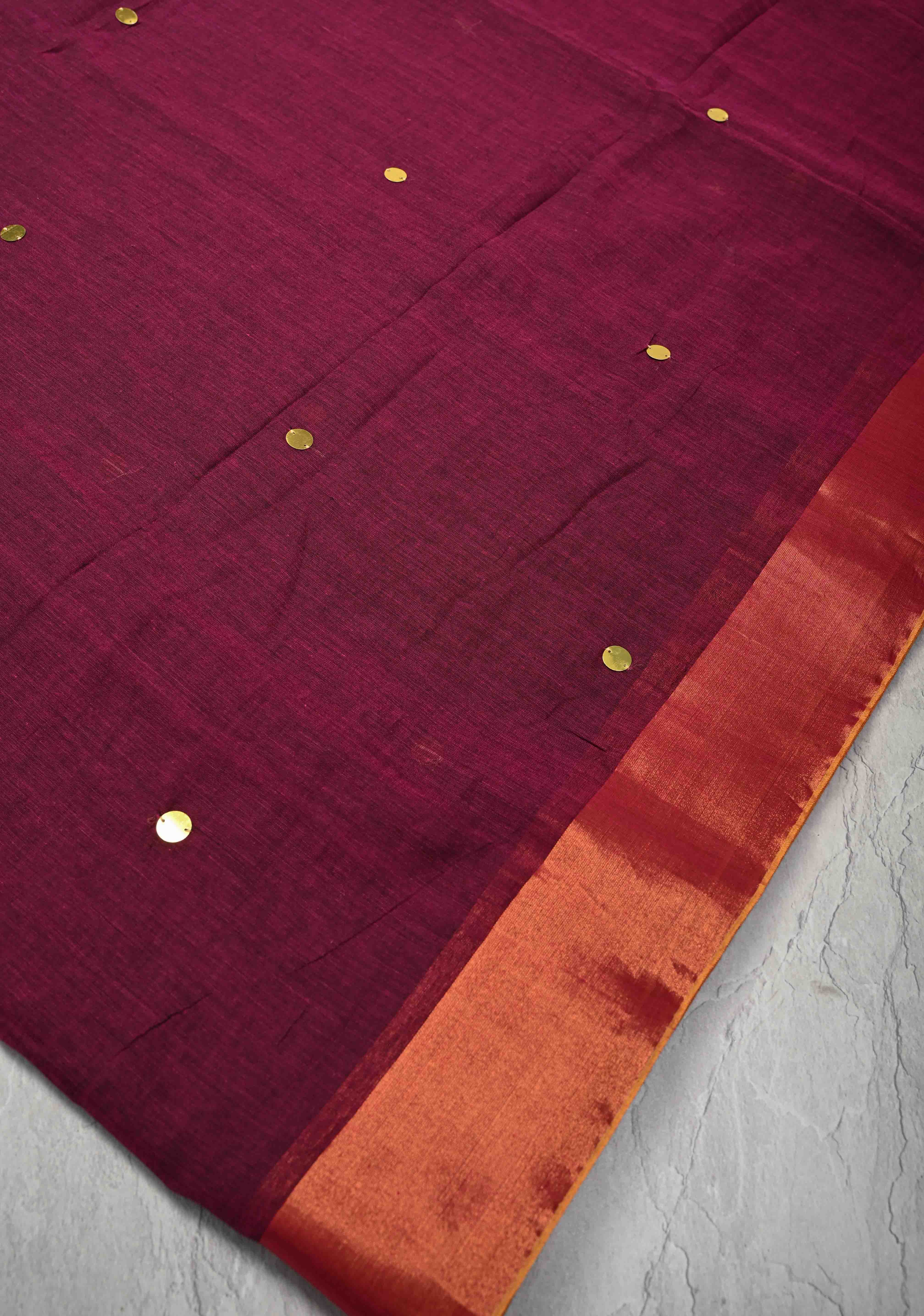 Magenta Bengal Cotton saree in With Tikki work and Long Tassels | Shobitam