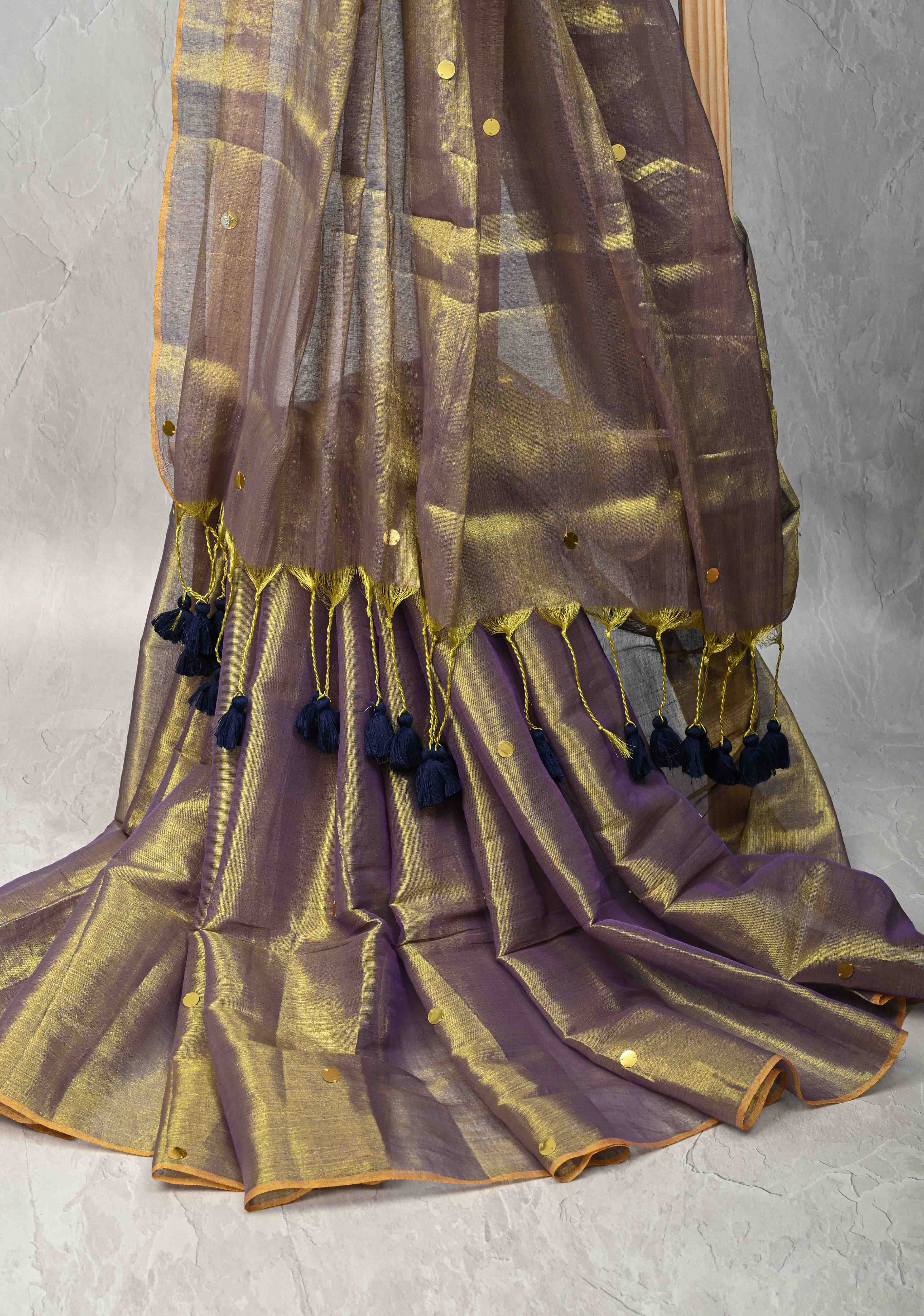 Lime green and Lilac dual tone Tissue By Tissue saree With Tikki work and Long Tassels | Shobitam