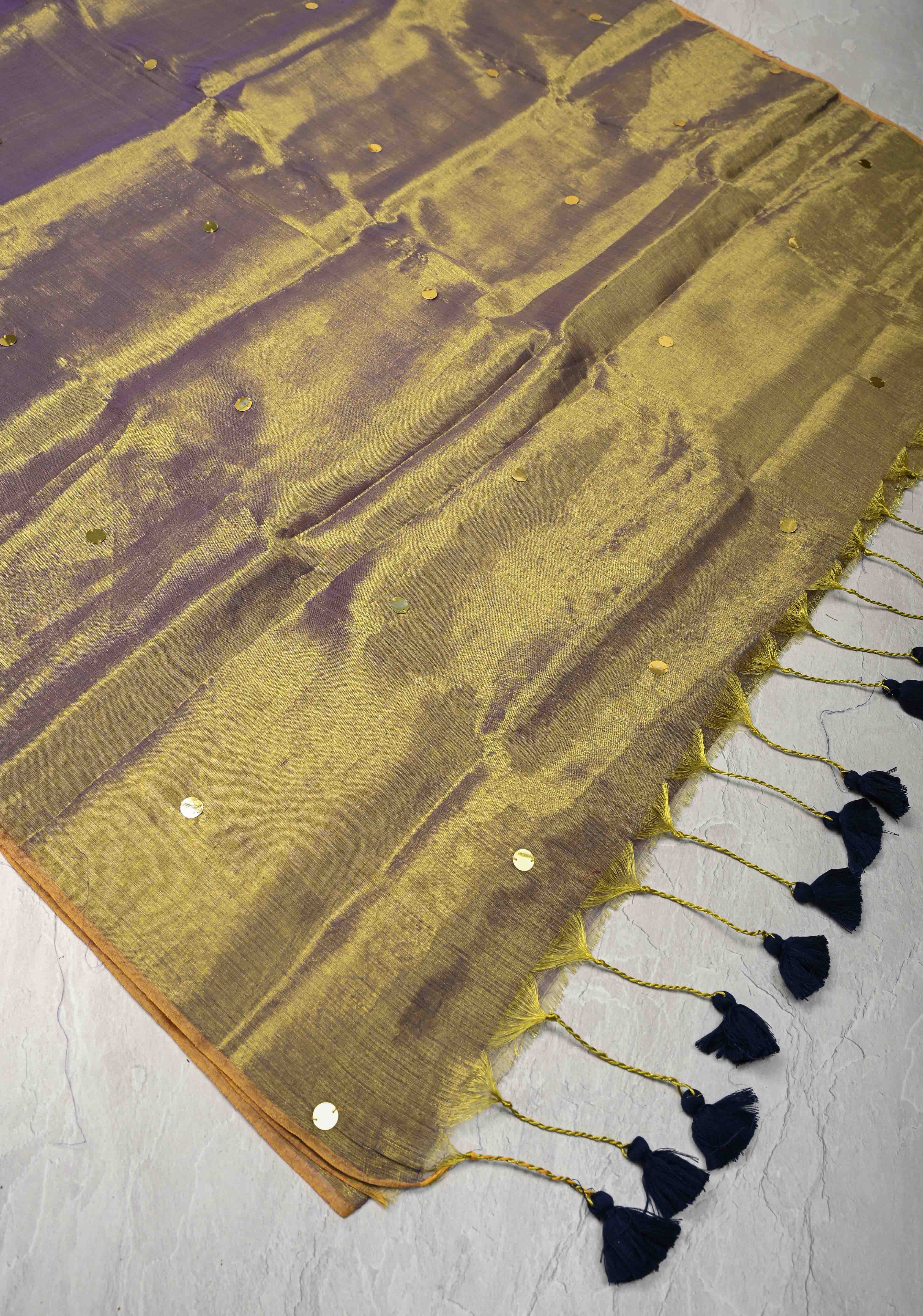 Lime green and Lilac dual tone Tissue By Tissue saree With Tikki work and Long Tassels | Shobitam