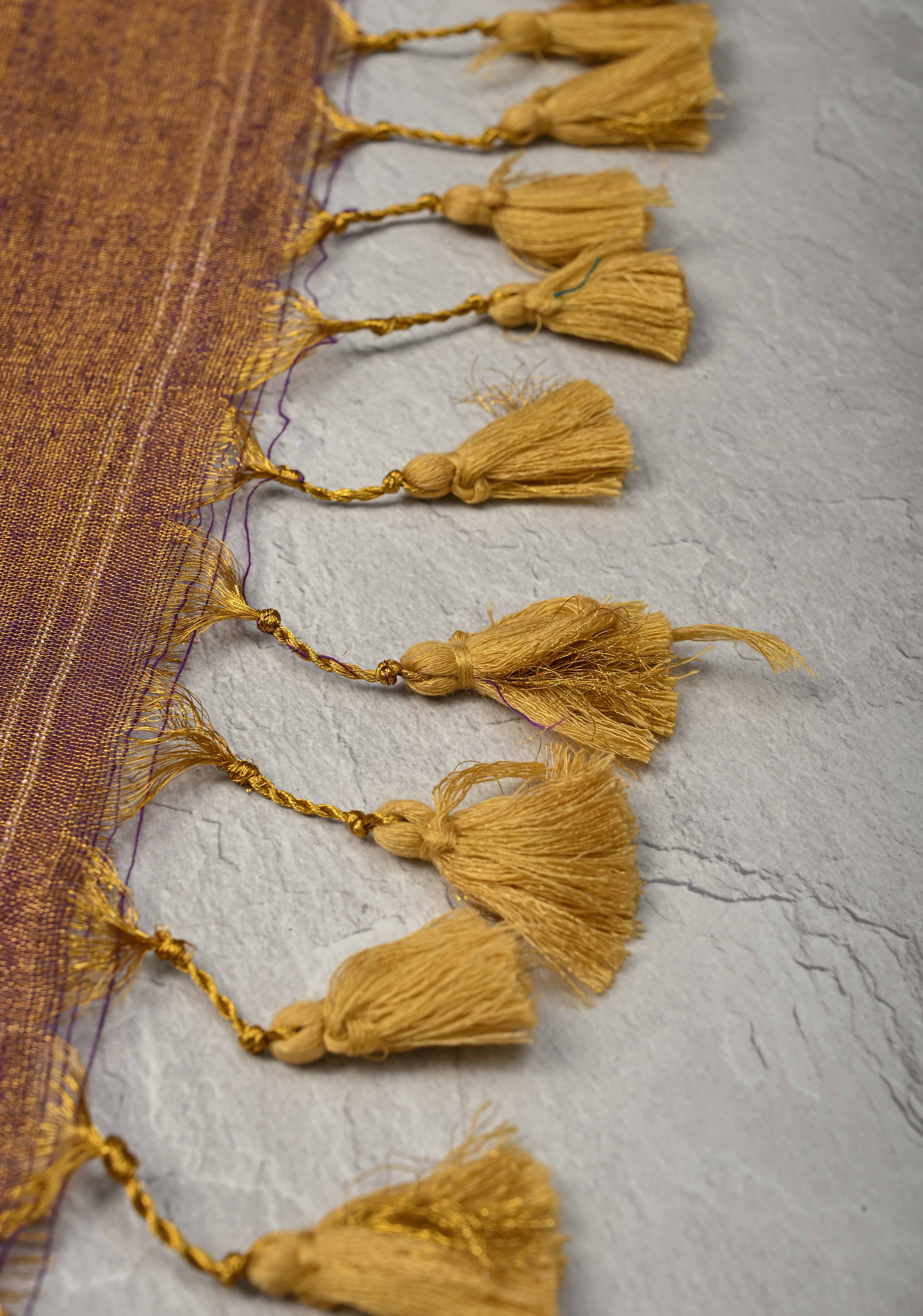 Camel Brown Dual tone Tissue by Tissue Saree with Temple Stripes and Minimal Borders | Shobitam