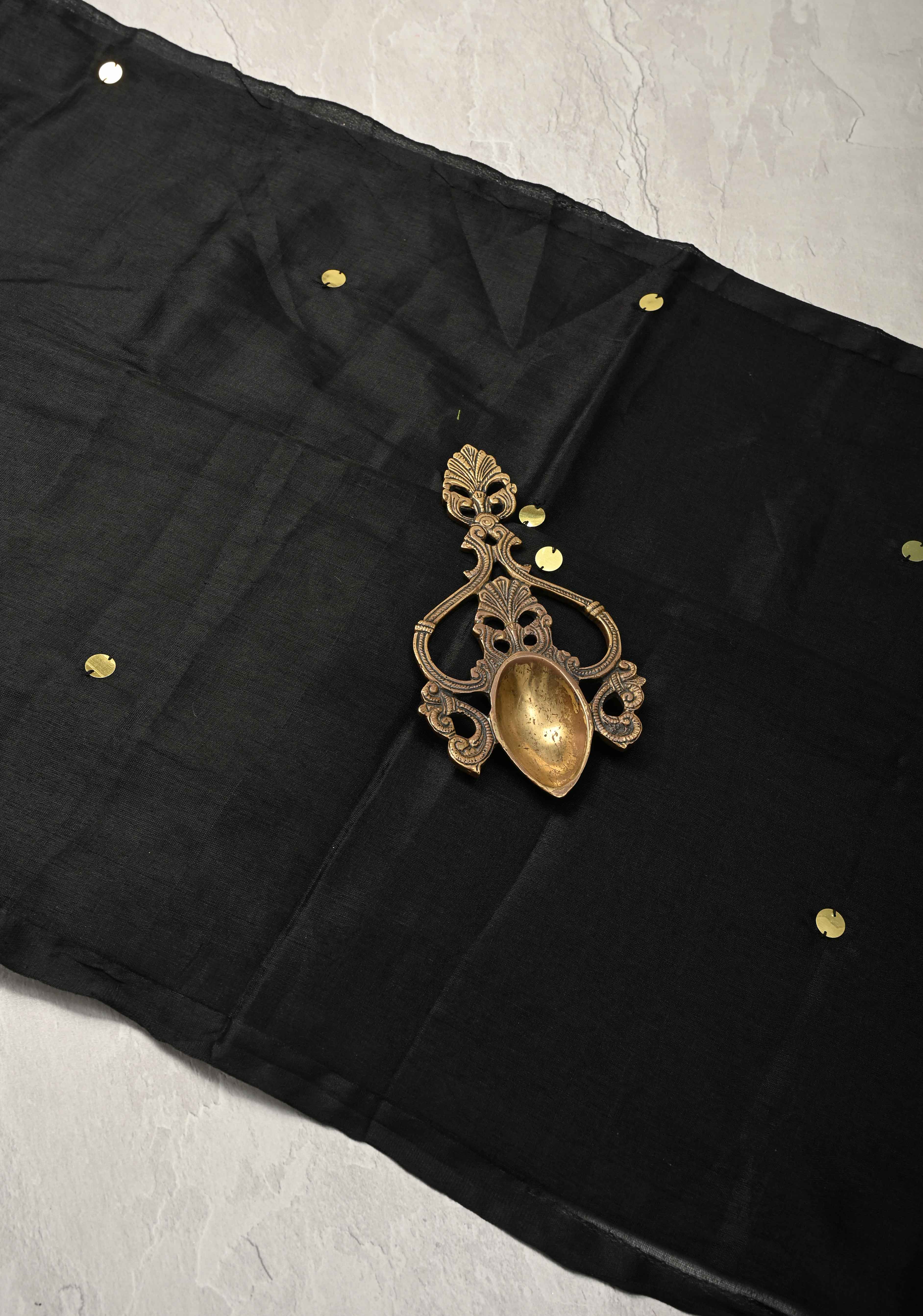 Black Cotton Organza Saree with Tikki Work and Long Tassels. | Shobitam