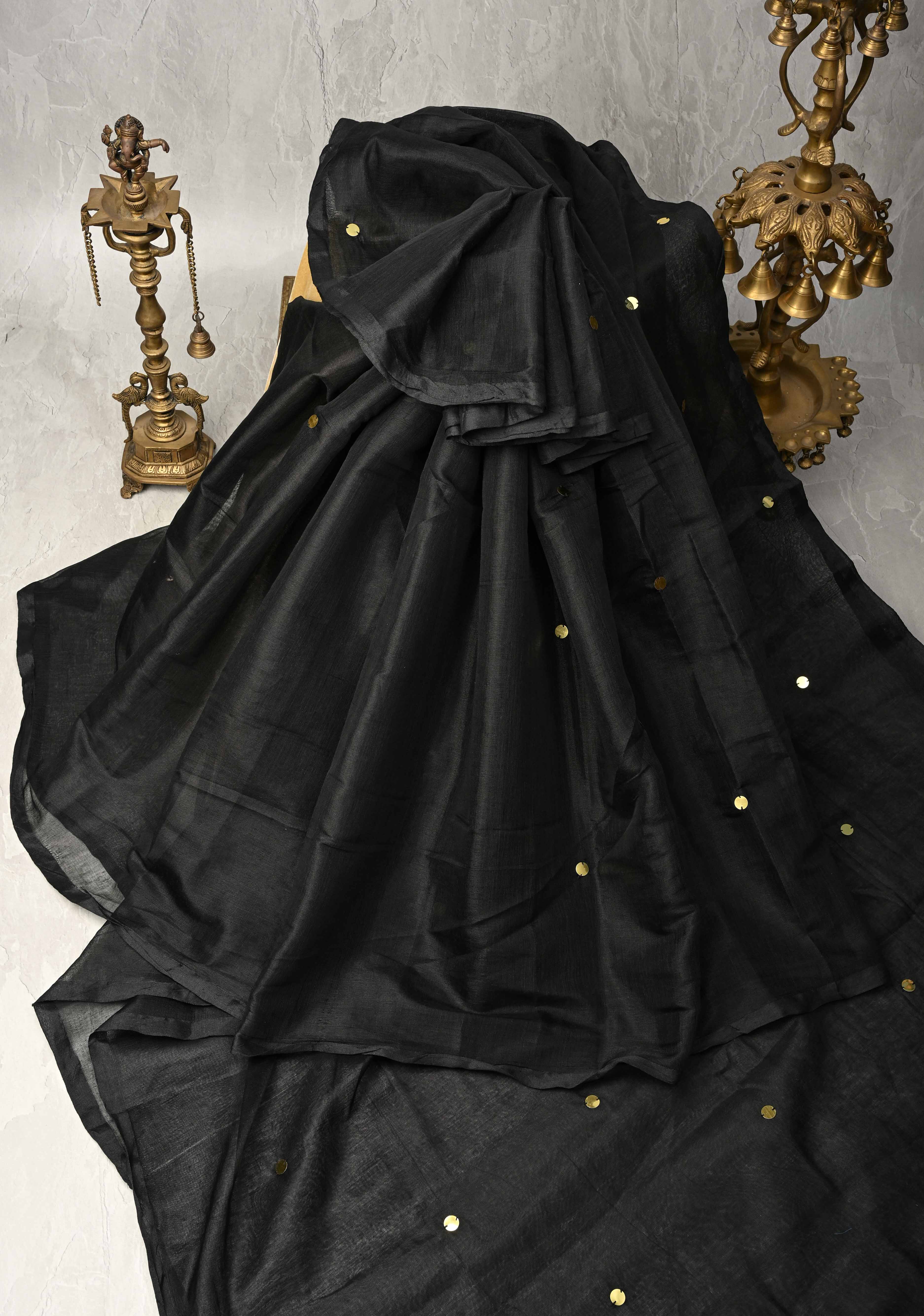 Black Cotton Organza Saree with Tikki Work and Long Tassels. | Shobitam