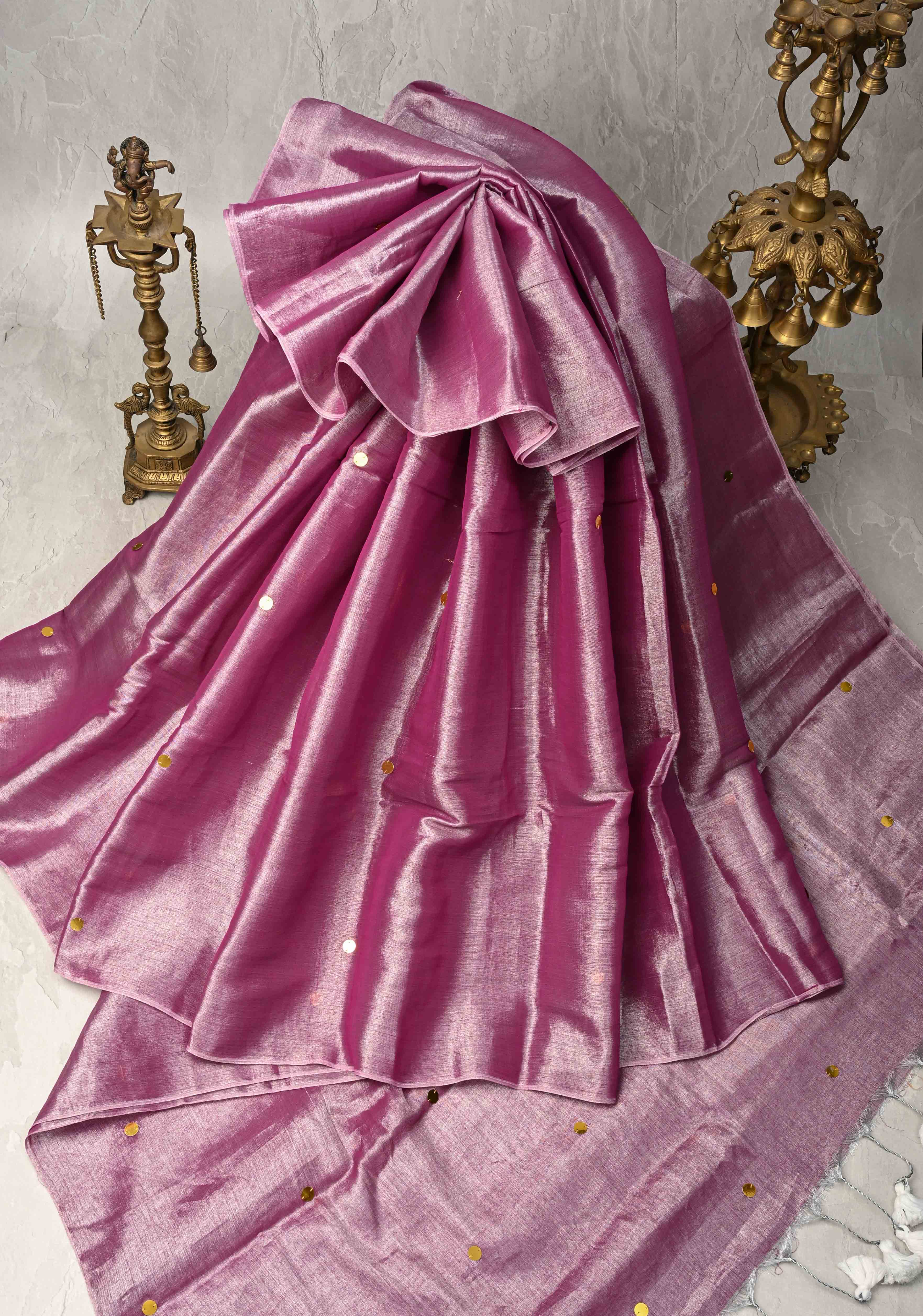 Amethyst Tissue by Tissue Saree with Tikki Work and Long Tassels | SHOBITAM