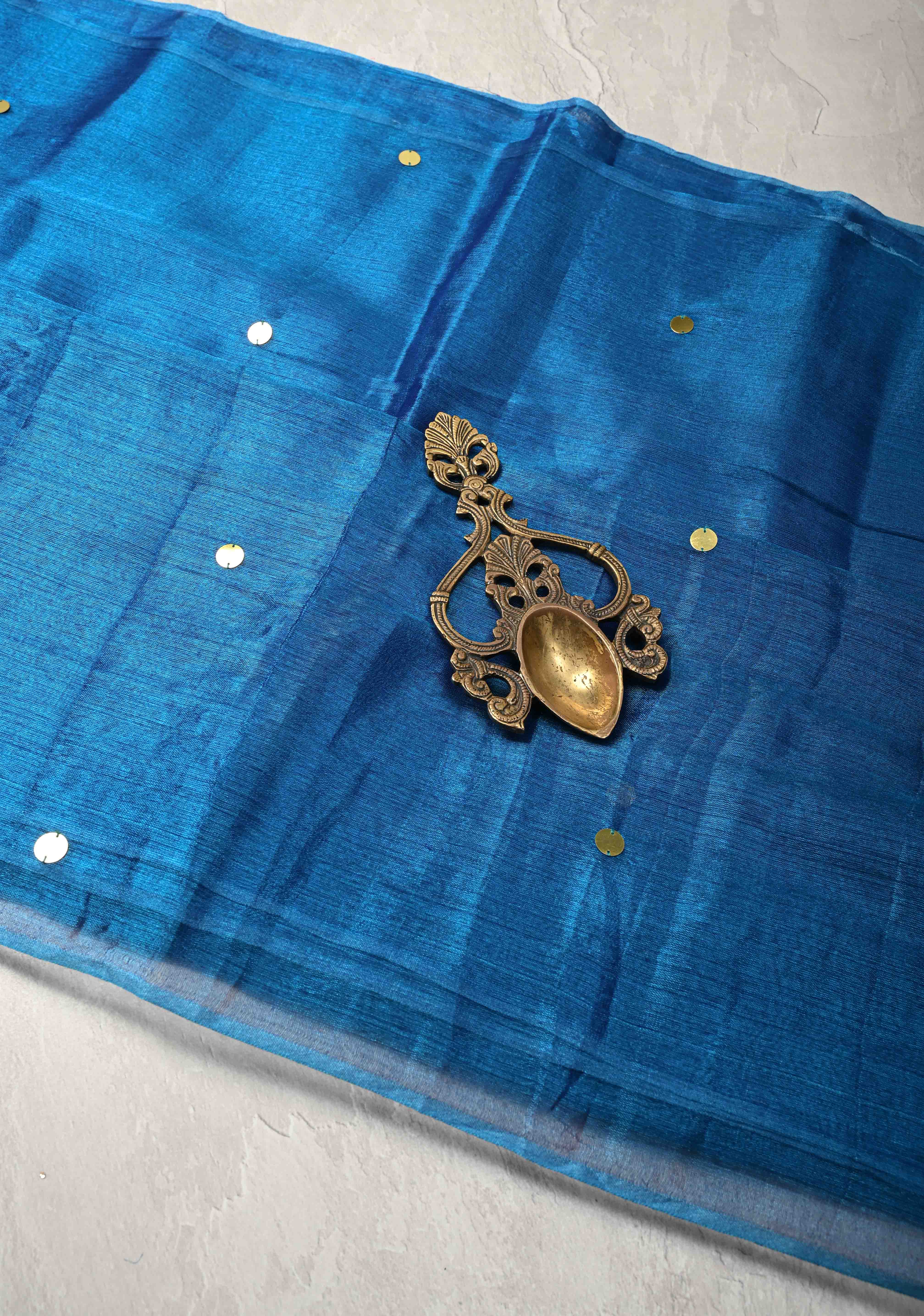copper sulphate blue Tissue by Tissue Saree with Tikki Work and Long Tassels