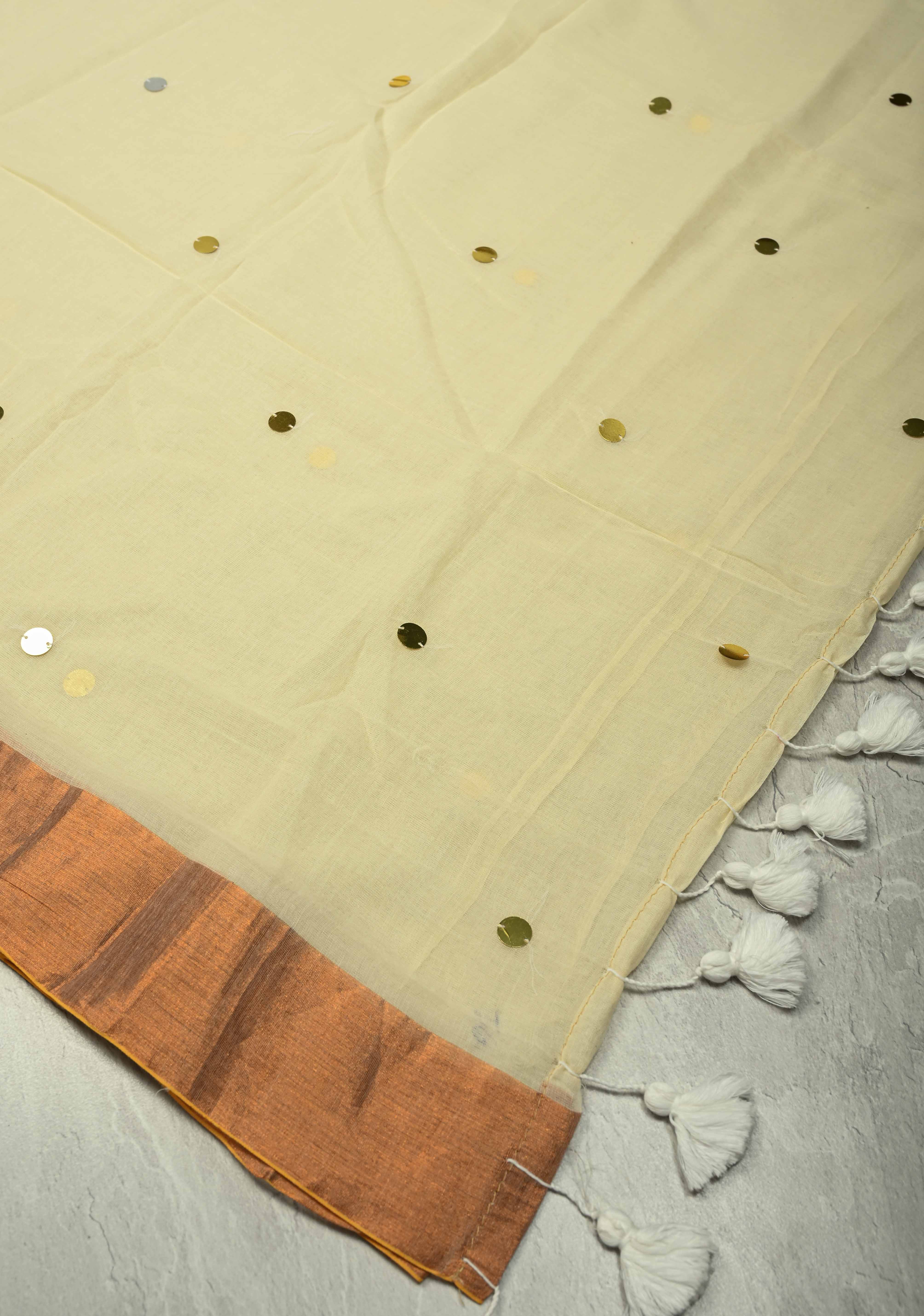 Off White Mul Cotton saree in With Tikki work and Long Tassels,  No Blouse Piece | Shobitam