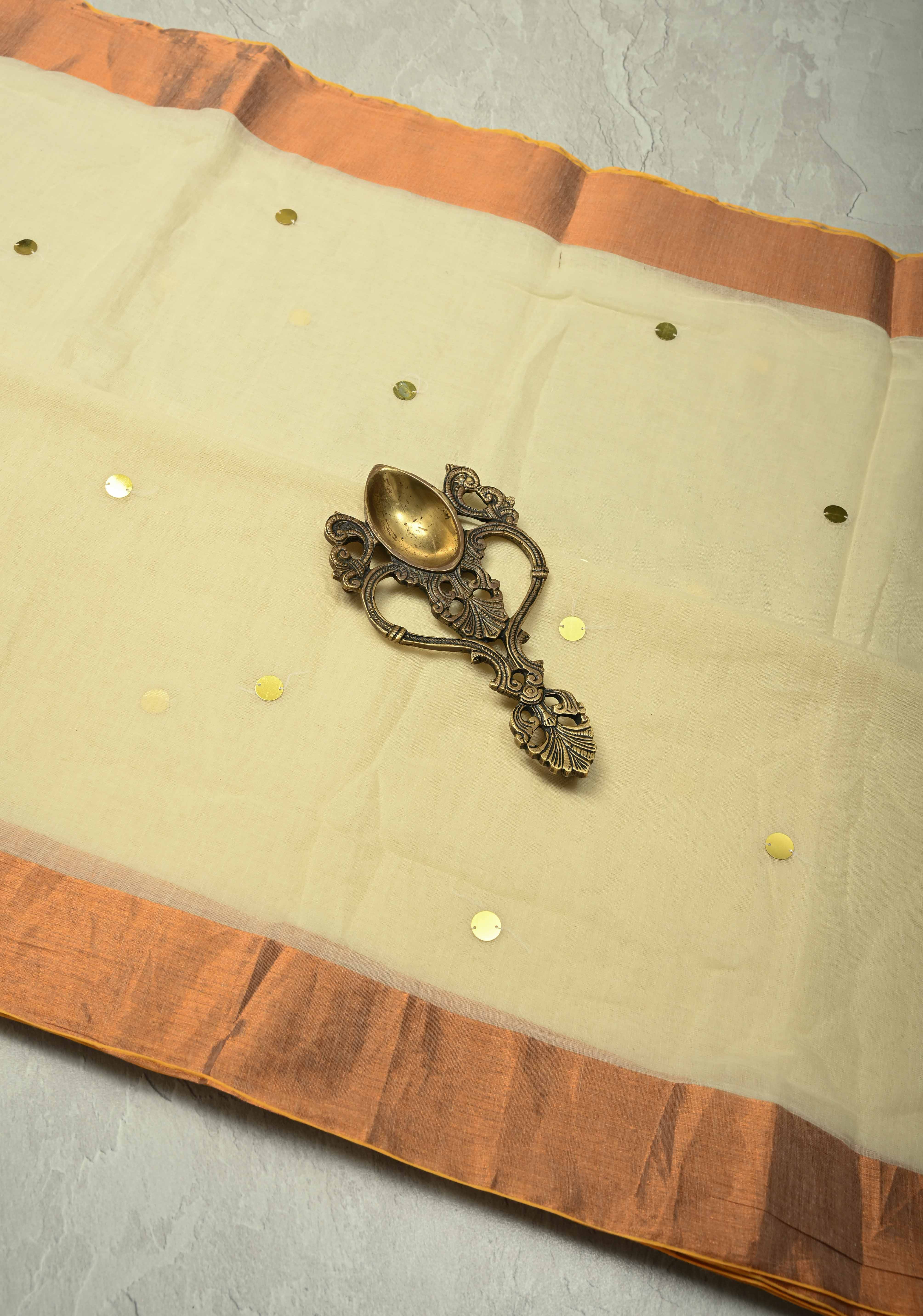 Off White Mul Cotton saree in With Tikki work and Long Tassels,  No Blouse Piece | Shobitam