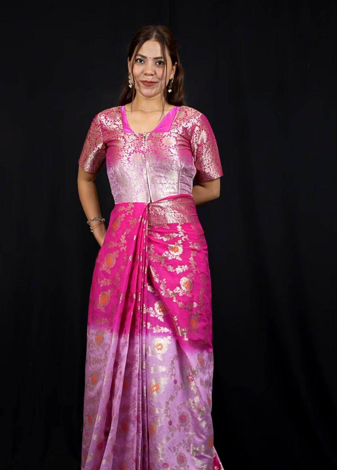 Soft Georgette Silk with Mina Jaal Weave and Zari Border Ready To Wear zip & go saree