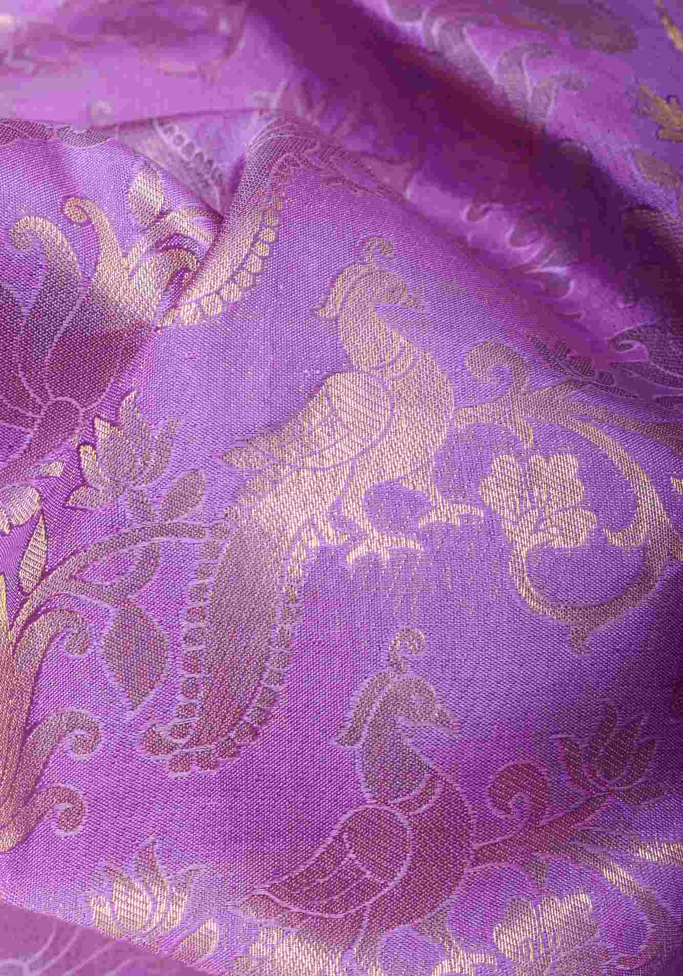 Brocade Kanjivaram Pure Silk in Lilac and Purple with Peacock Leheria design Wrap in 1 minute saree