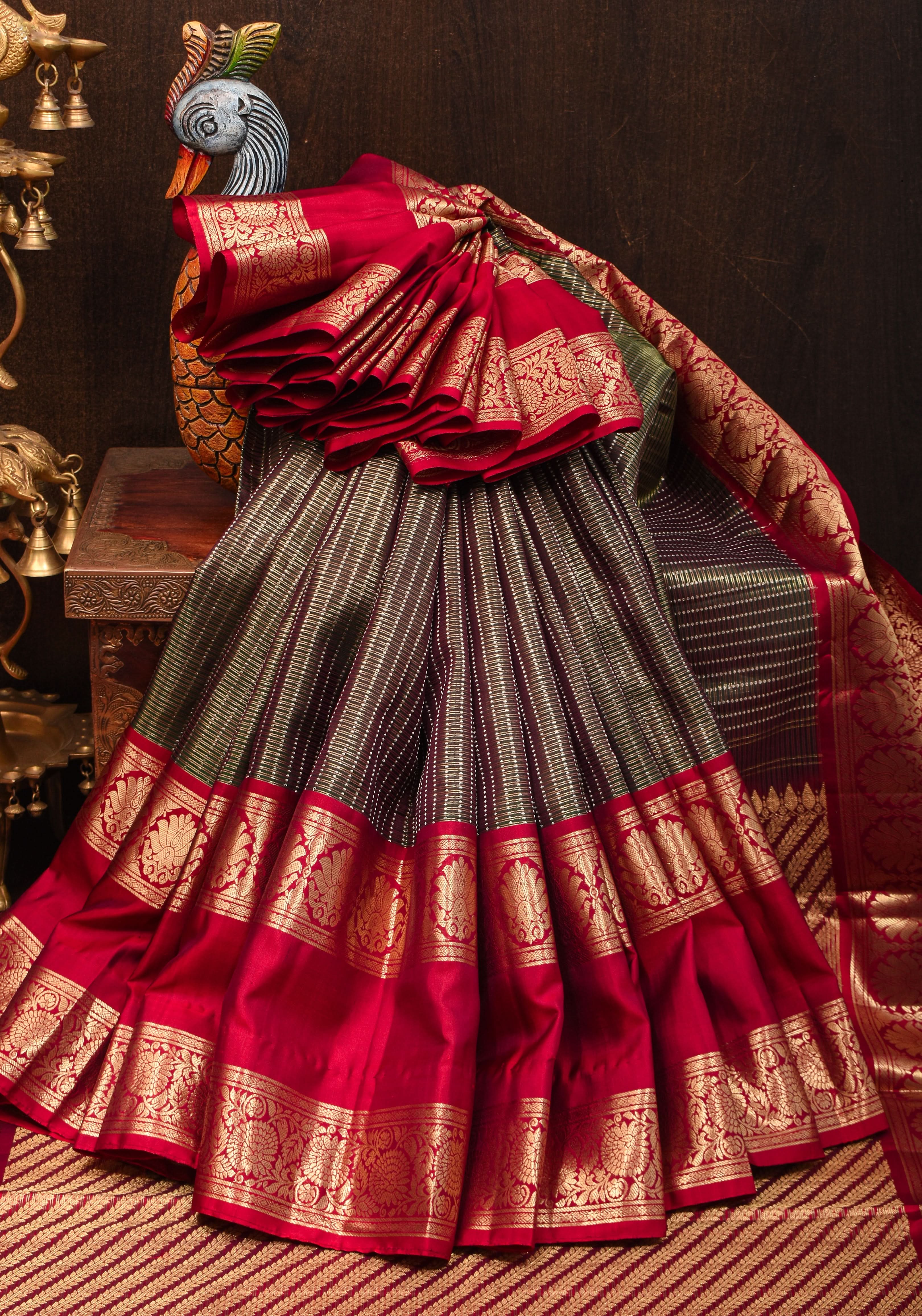 Exquisite Green Kanjivaram Pure Silk Saree with zari checks  and 11” spectacular borders  | SILK MARK CERTIFIED