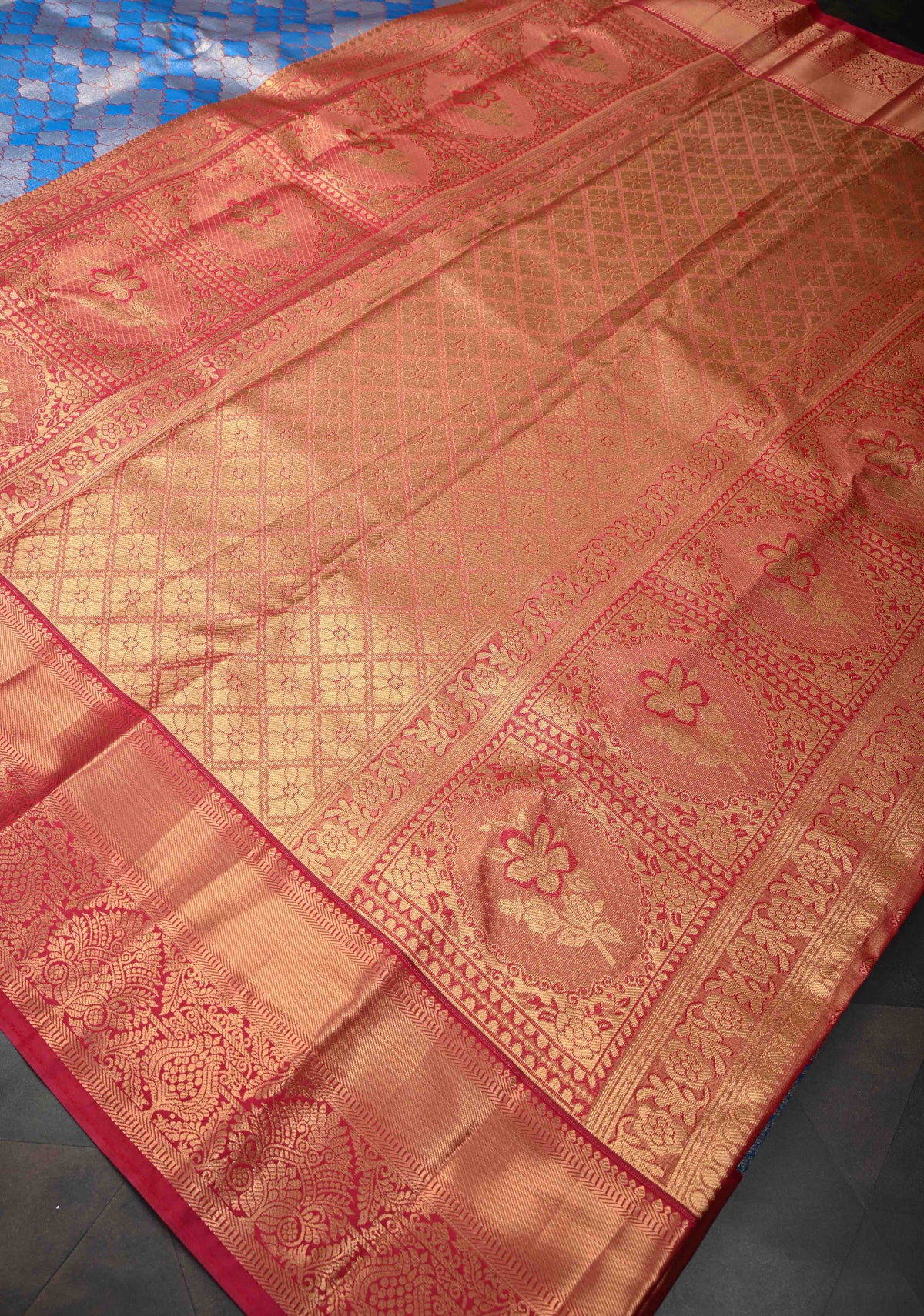 Blue Tissue Meenakari Semi Silk Saree in Kanchi Style with Moroccan Trellis Brocade Contrast Zari Border | SHOBITAM