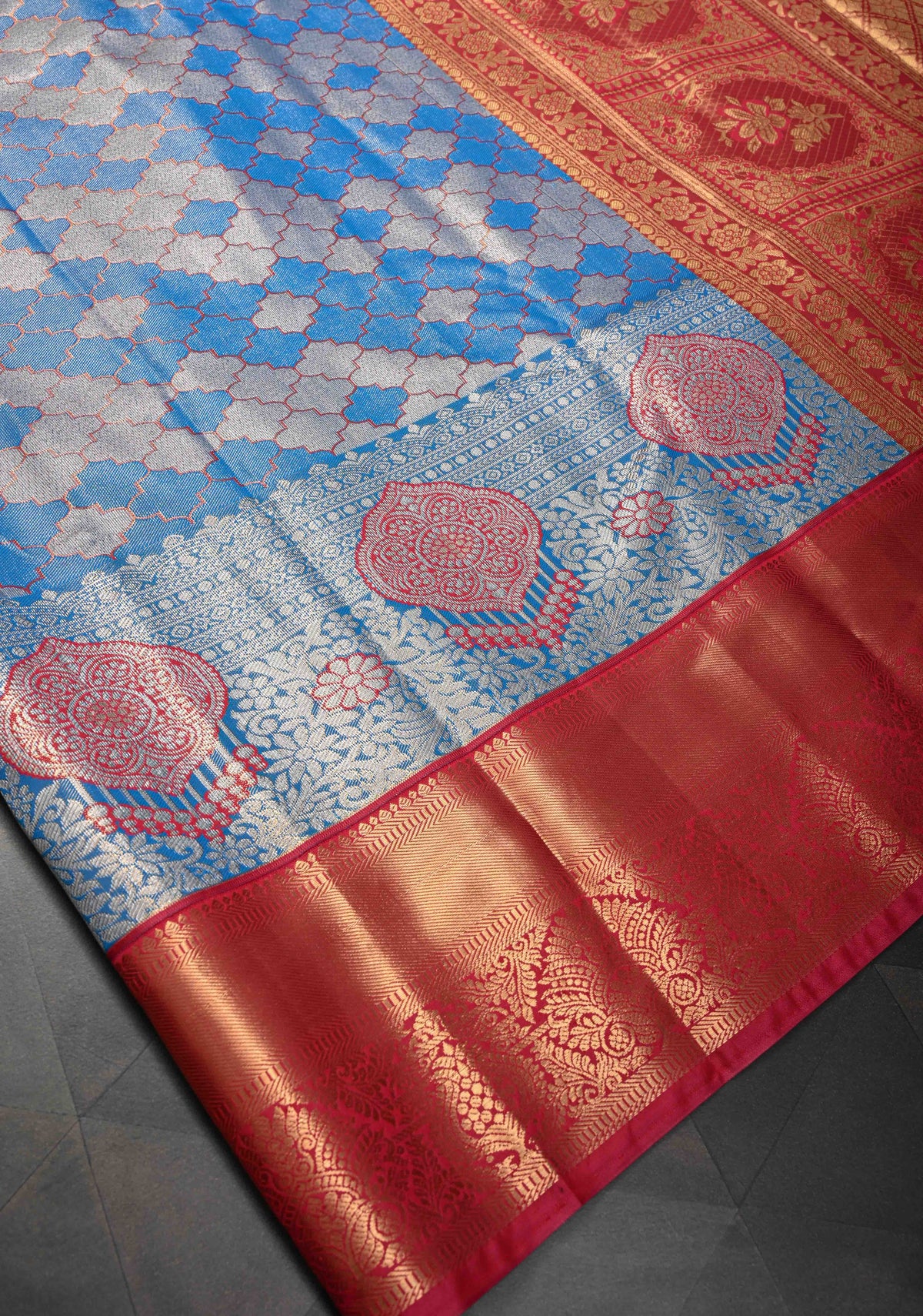 Blue Tissue Meenakari Semi Silk Saree in Kanchi Style with Moroccan Trellis Brocade Contrast Zari Border | SHOBITAM
