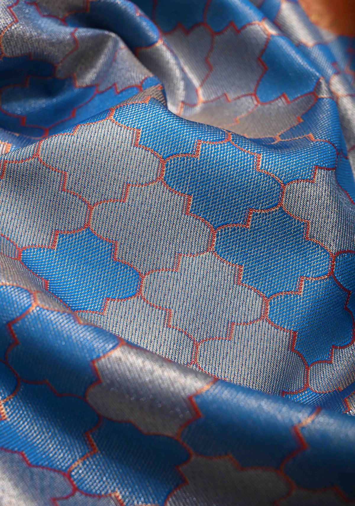 Blue Tissue Meenakari Semi Silk Saree in Kanchi Style with Moroccan Trellis Brocade Contrast Zari Border | SHOBITAM