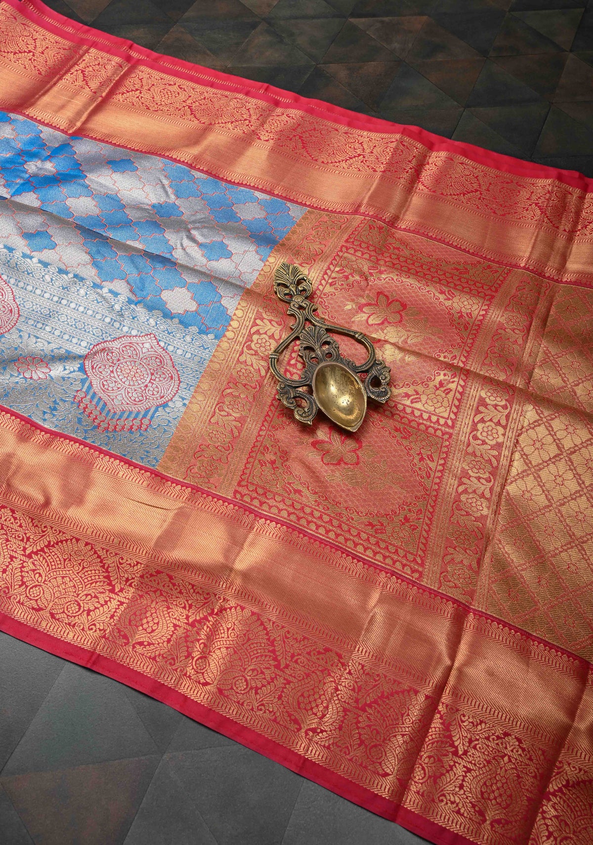 Blue Tissue Meenakari Semi Silk Saree in Kanchi Style with Moroccan Trellis Brocade Contrast Zari Border | SHOBITAM