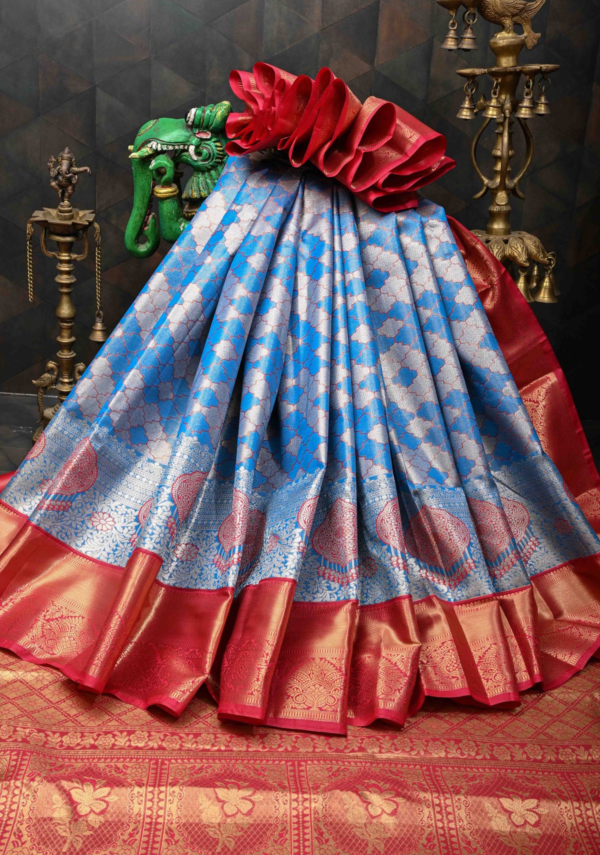 Blue Tissue Meenakari Semi Silk Saree in Kanchi Style with Moroccan Trellis Brocade Contrast Zari Border | SHOBITAM