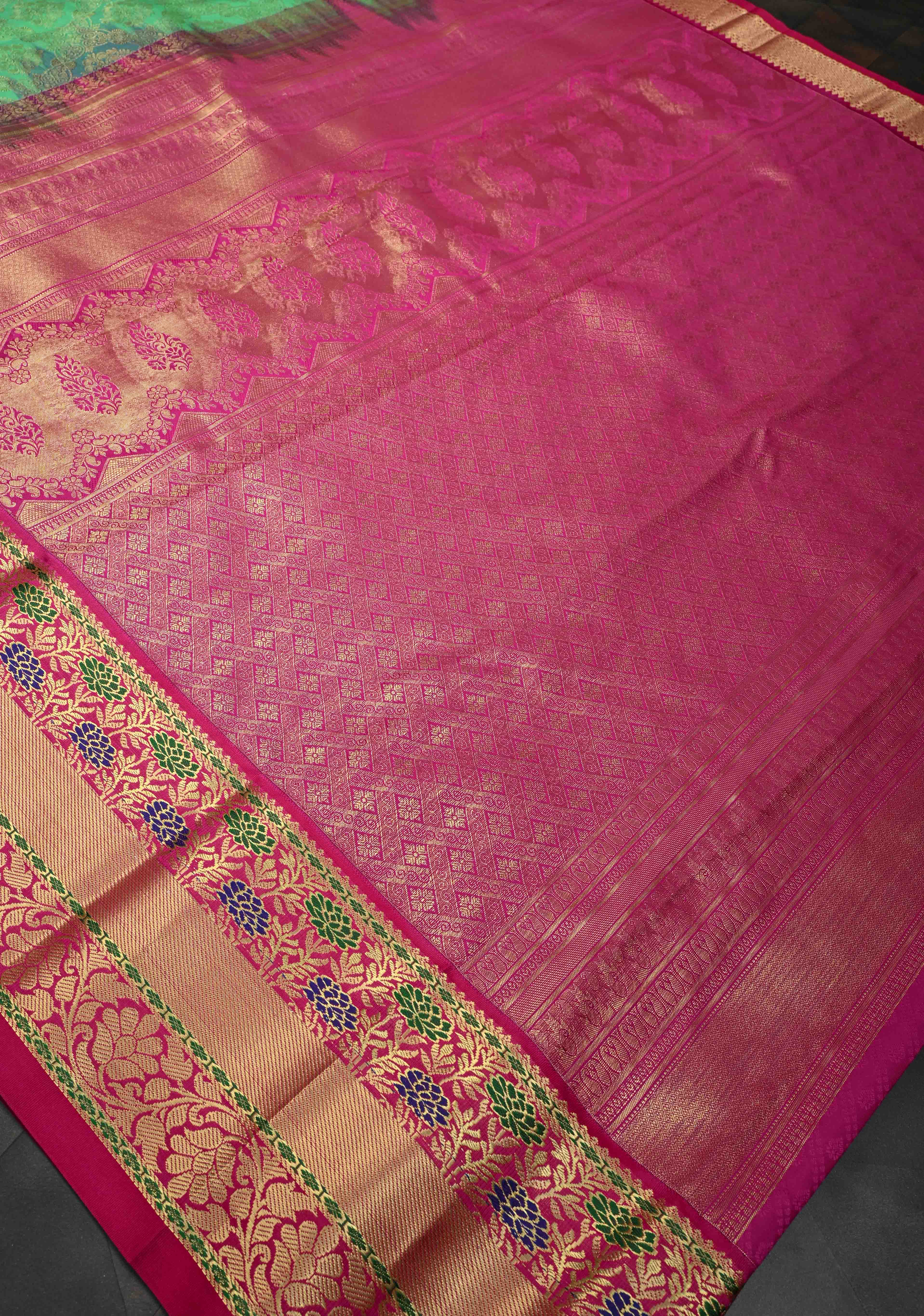 Green Kanjivaram Semi Silk Saree with Brocade and Contrast Zari Border | Shobitam