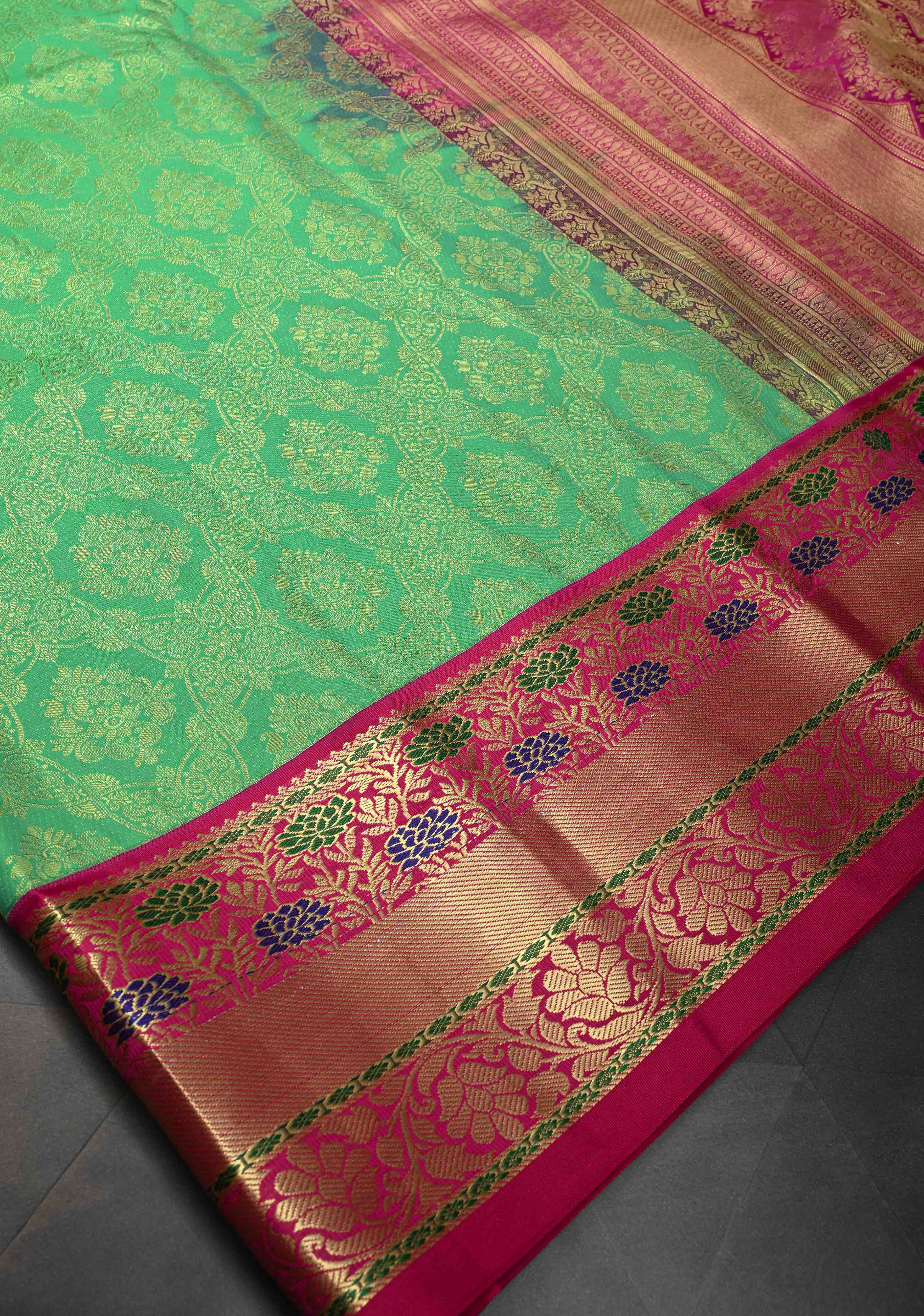 Green Kanjivaram Semi Silk Saree with Brocade and Contrast Zari Border | Shobitam