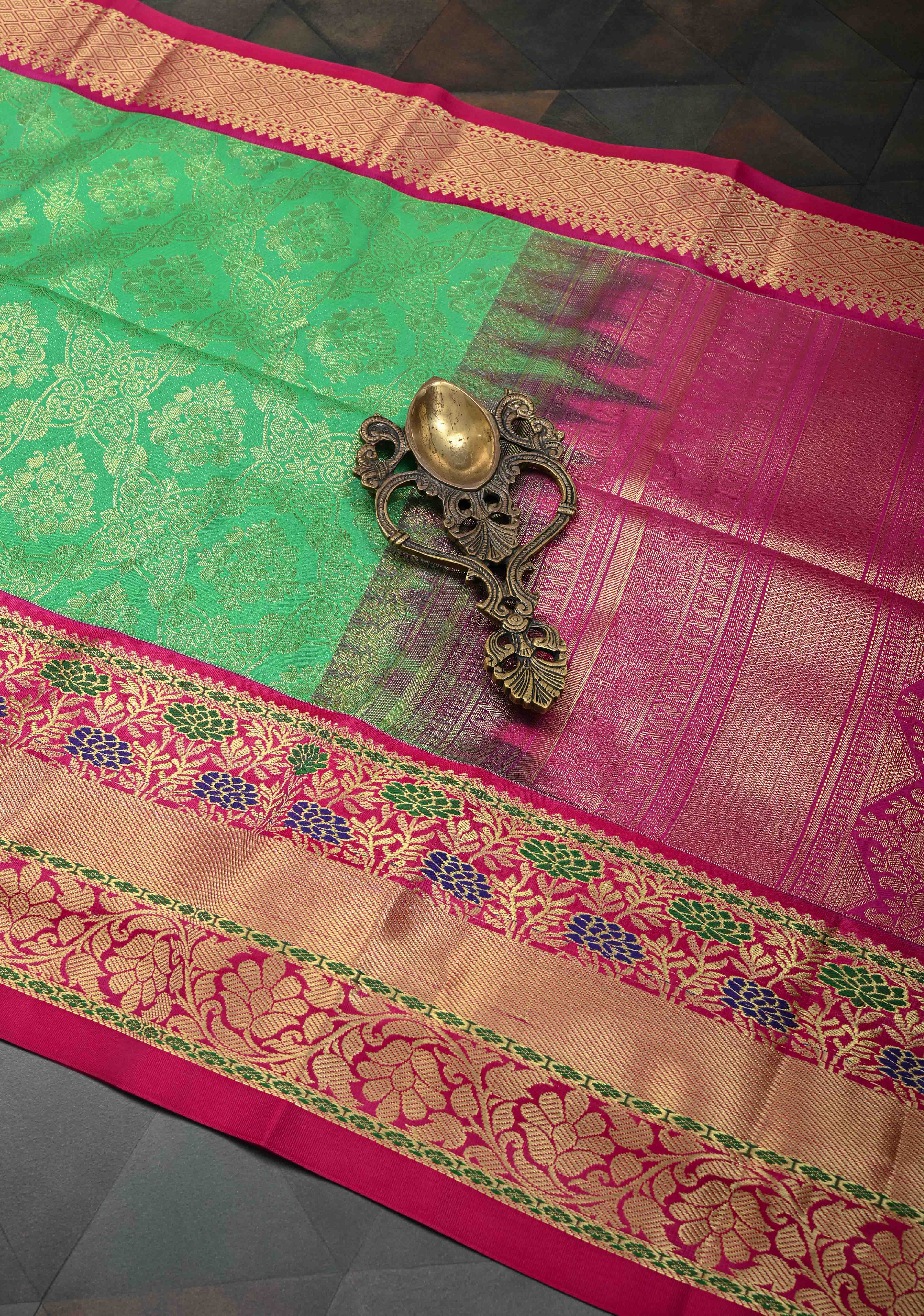 Green Kanjivaram Semi Silk Saree with Brocade and Contrast Zari Border | Shobitam