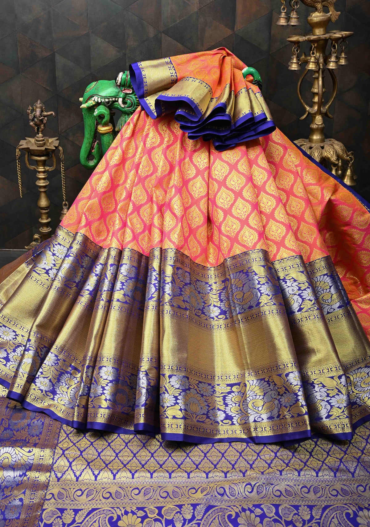 Pink Semi Silk Saree in Kanchi Style with Brocade and Wide Contrast Zari Border | SHOBITAM