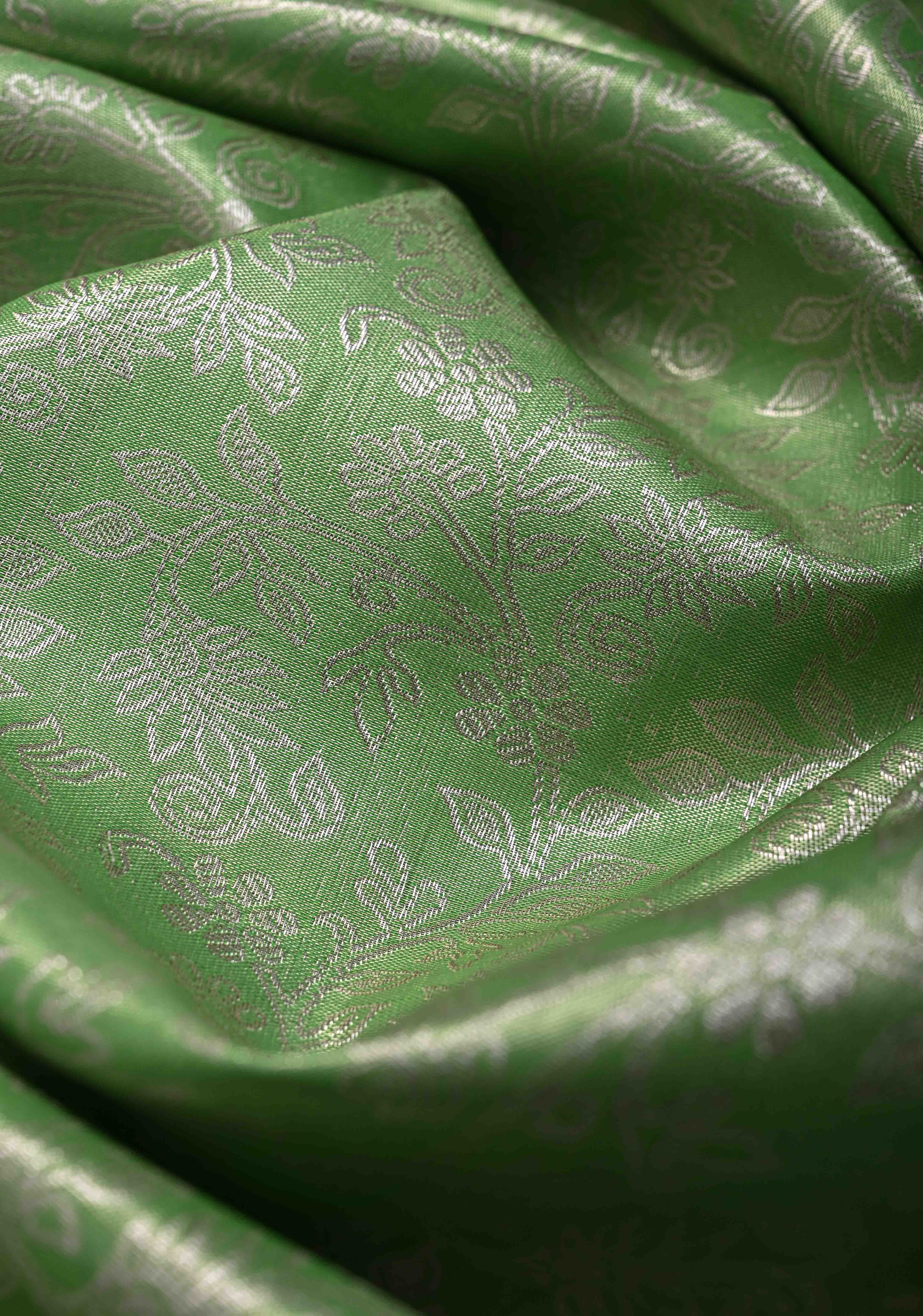 Dark Pista Green Semi Silk Tissue Kanjivaram Saree with Brocade Jaal and Contrast Meenakari Parrot Zari Border | Shobitam