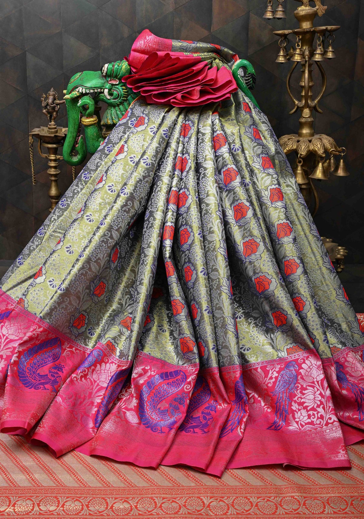 Blue-Gold Semi Silk Tissue Kanjivaram Saree with Meenakari Jaal and Contrast Birds Zari Border | SHOBITAM