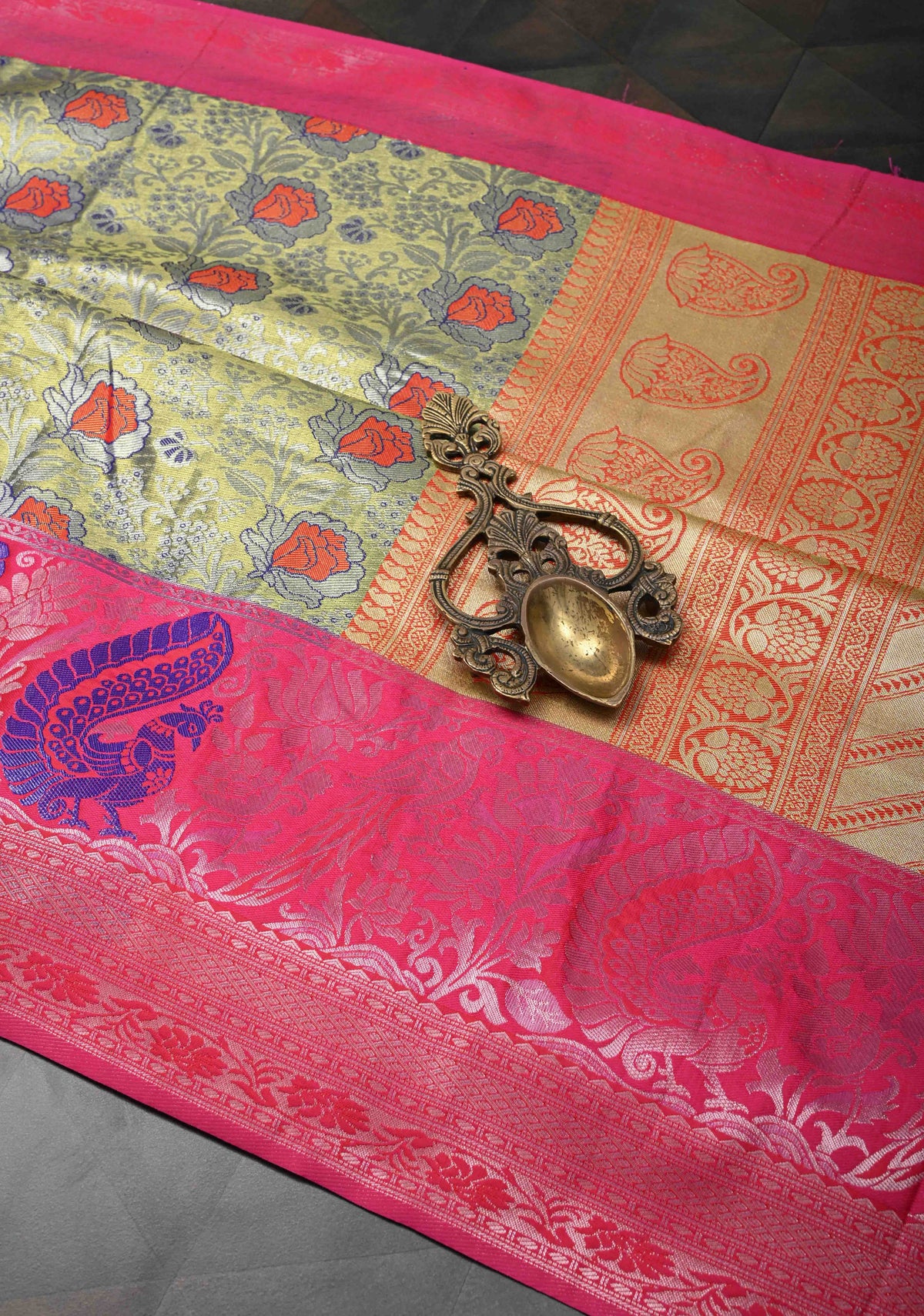 Blue-Gold Semi Silk Tissue Kanjivaram Saree with Meenakari Jaal and Contrast Birds Zari Border | SHOBITAM