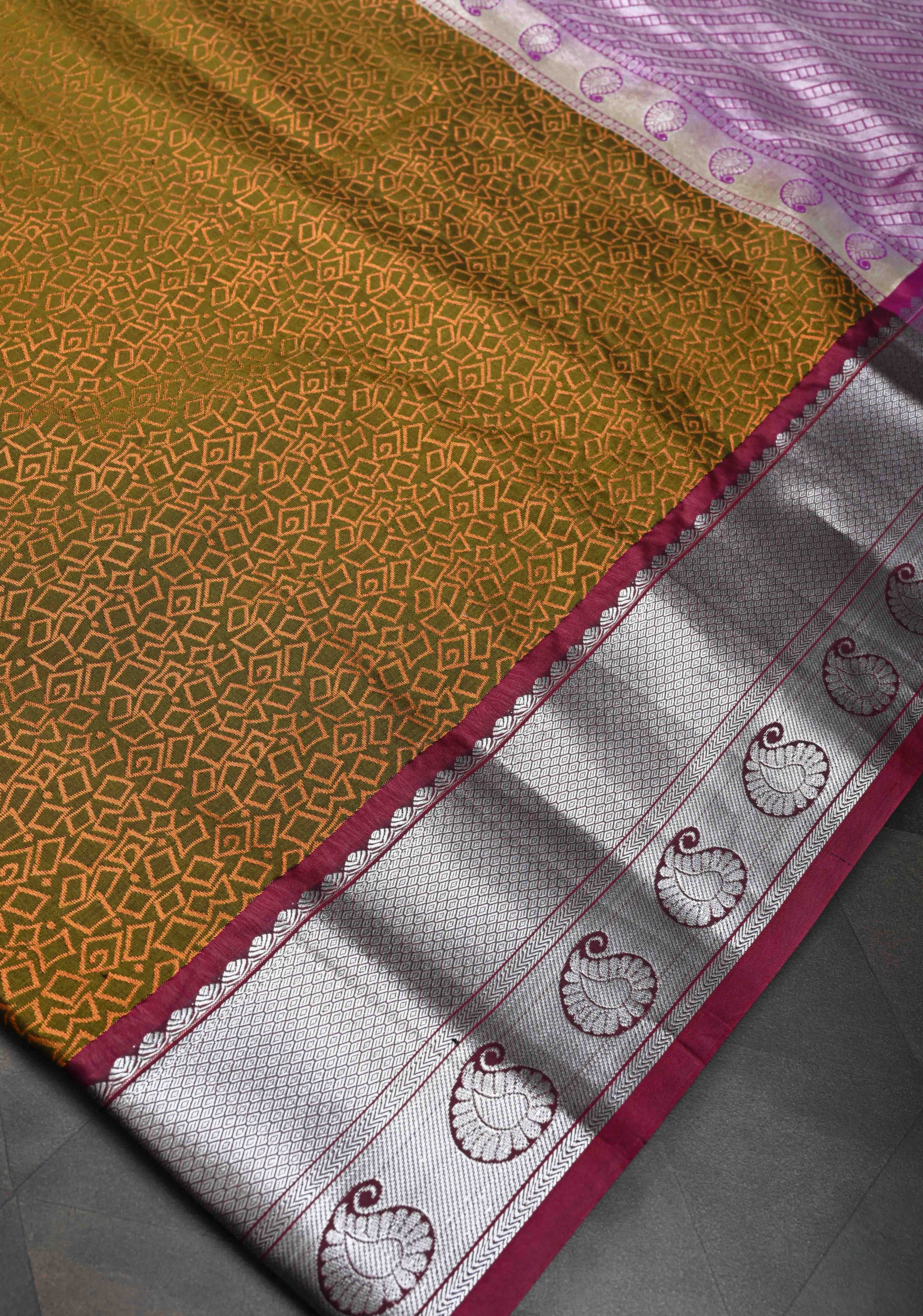 Olive Green Geometric Brocade  Kanjivaram Semi Silk Saree with Zari Border | Shobitam