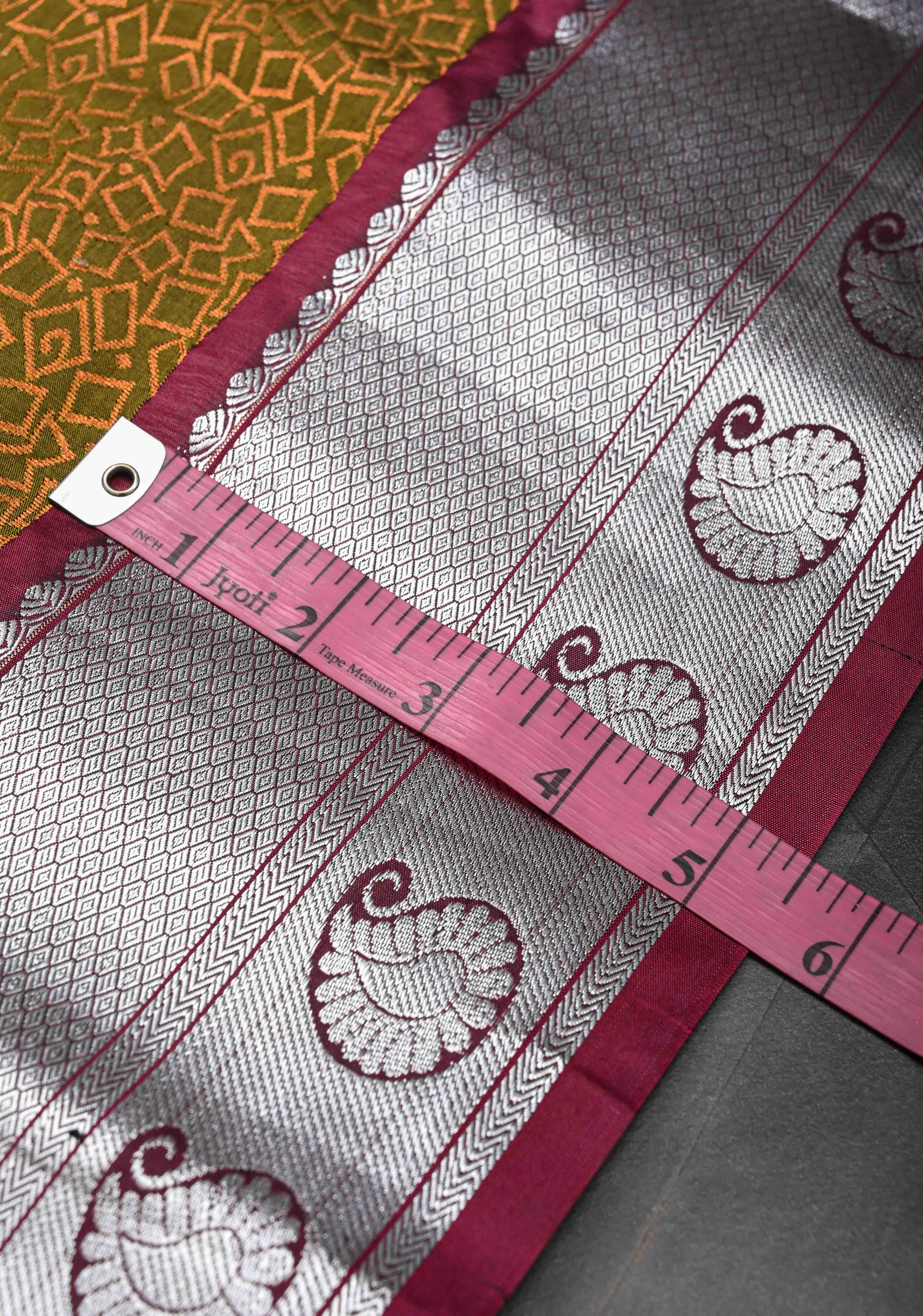 Olive Green Geometric Brocade  Kanjivaram Semi Silk Saree with Zari Border | Shobitam