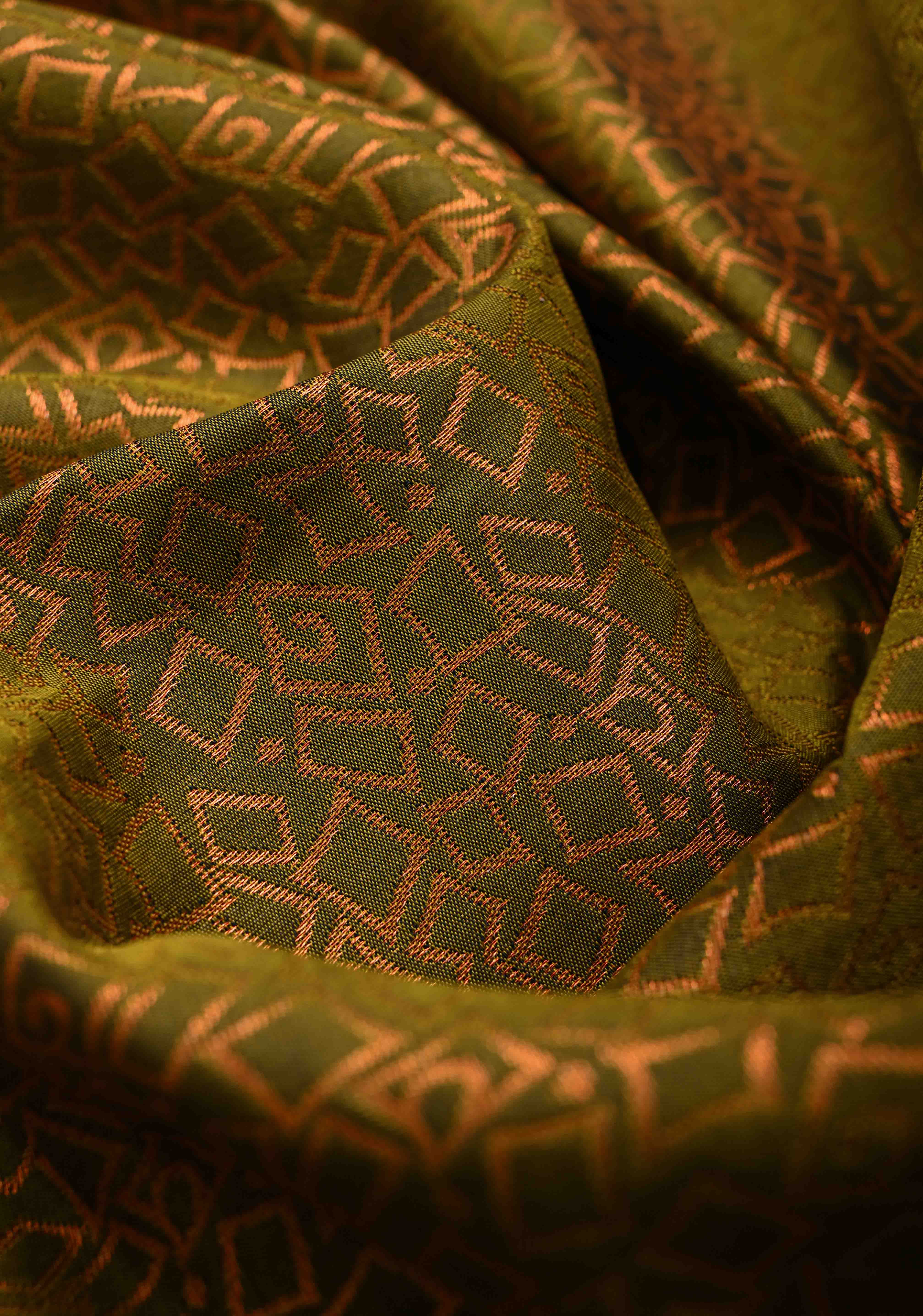 Olive Green Geometric Brocade  Kanjivaram Semi Silk Saree with Zari Border | Shobitam