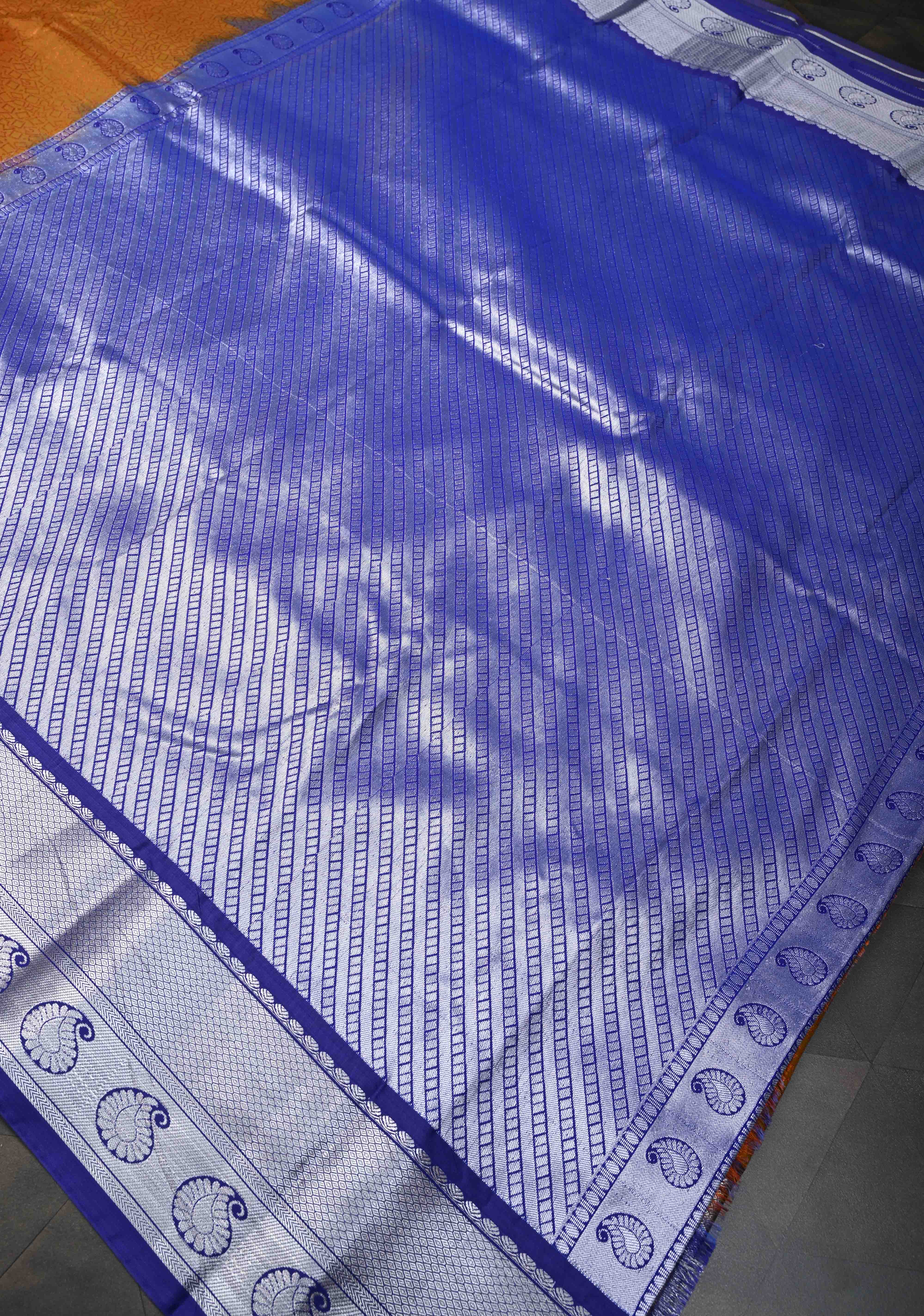 Ochre Semi Silk Kanjivaram Saree with Zari Brocade and Zari Border | Shobitam