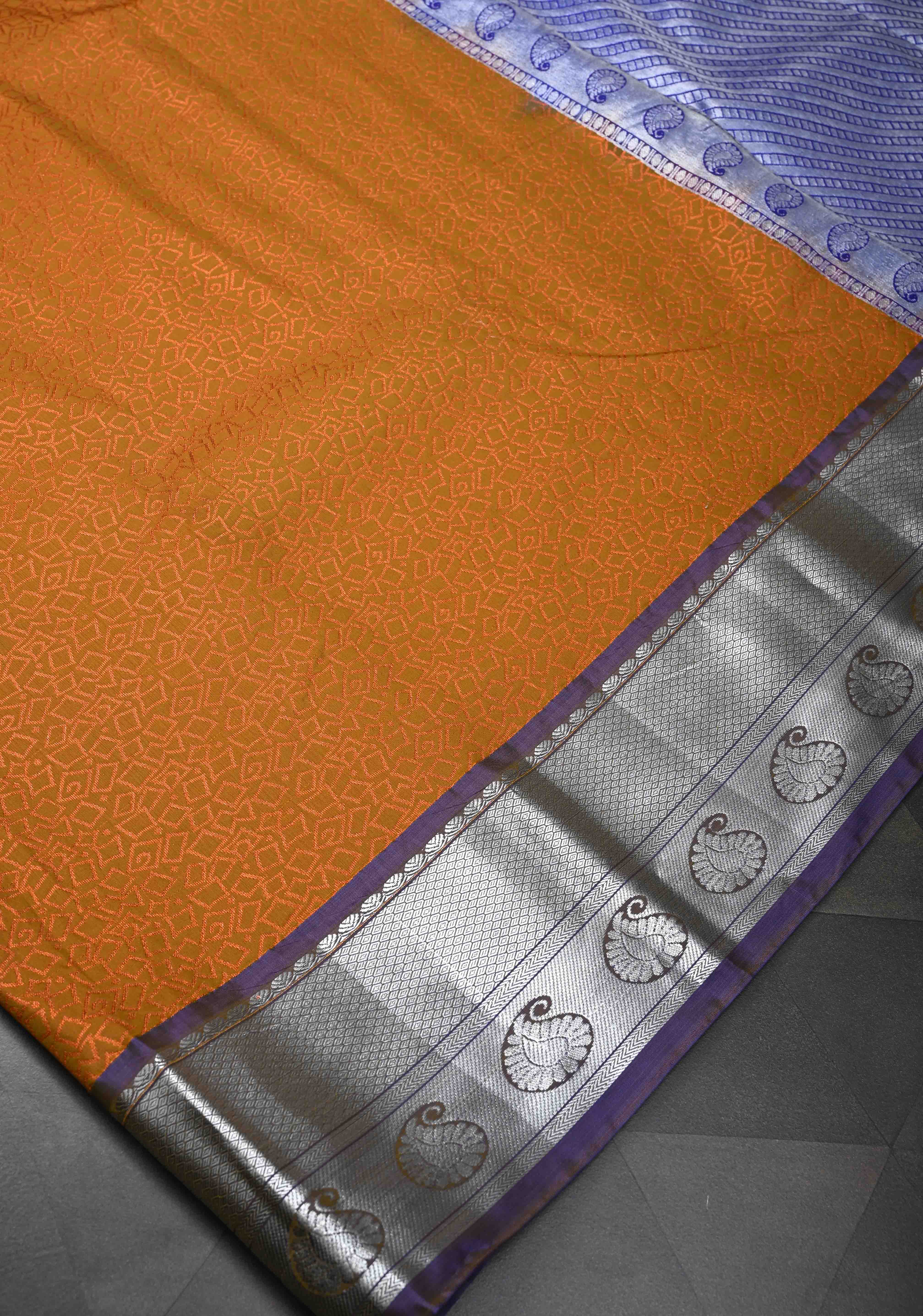 Ochre Semi Silk Kanjivaram Saree with Zari Brocade and Zari Border | Shobitam
