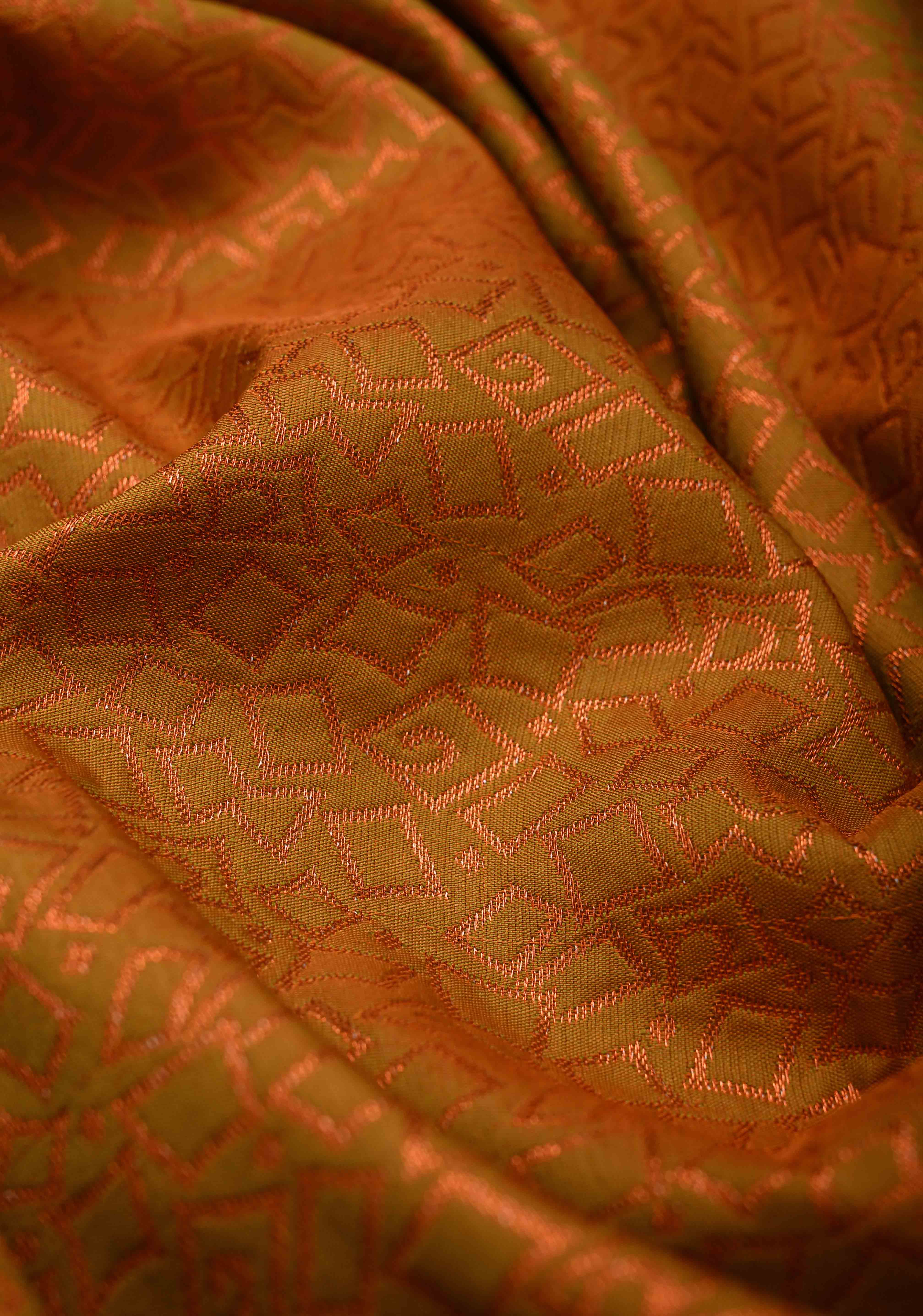 Ochre Semi Silk Kanjivaram Saree with Zari Brocade and Zari Border | Shobitam
