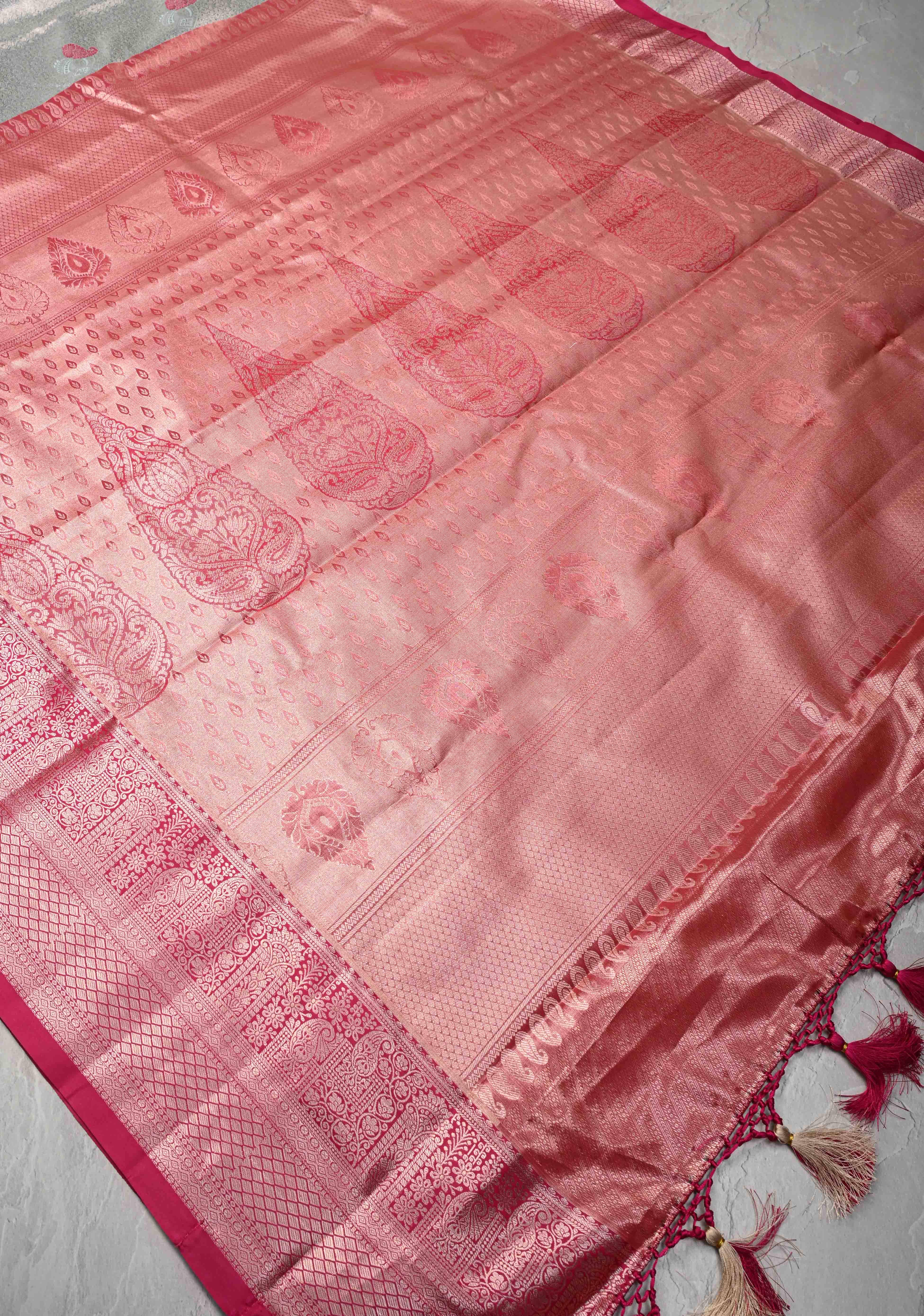 Light Sage Green Brocade on Kanjivaram Tissue Semi Silk Saree with Meenakari Buttas and Contrast Zari Border | Shobitam