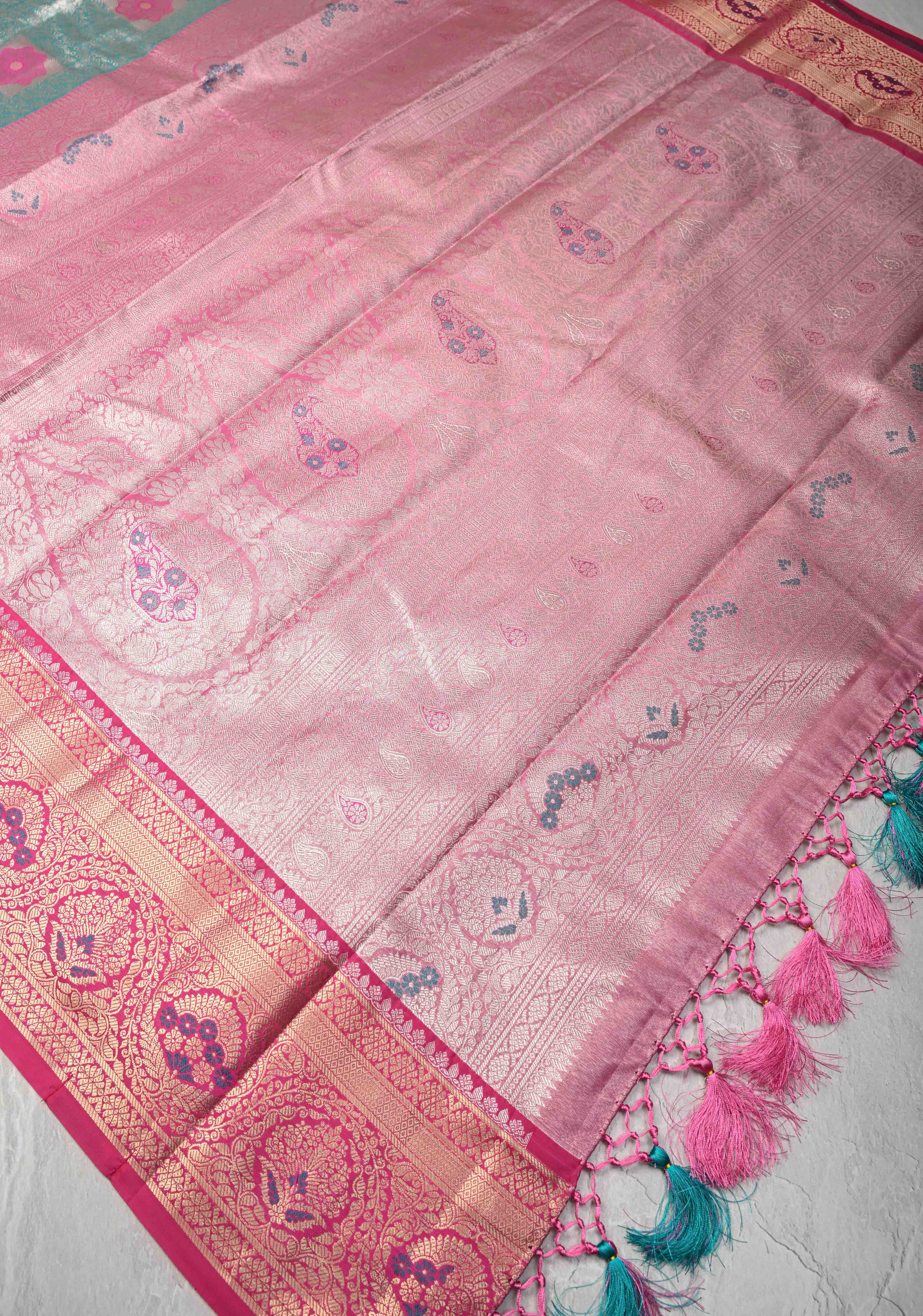 Green Brocade on Kanjivaram Tissue Semi Silk Saree with Meenakari Buttas and Contrast Zari Border | Shobitam