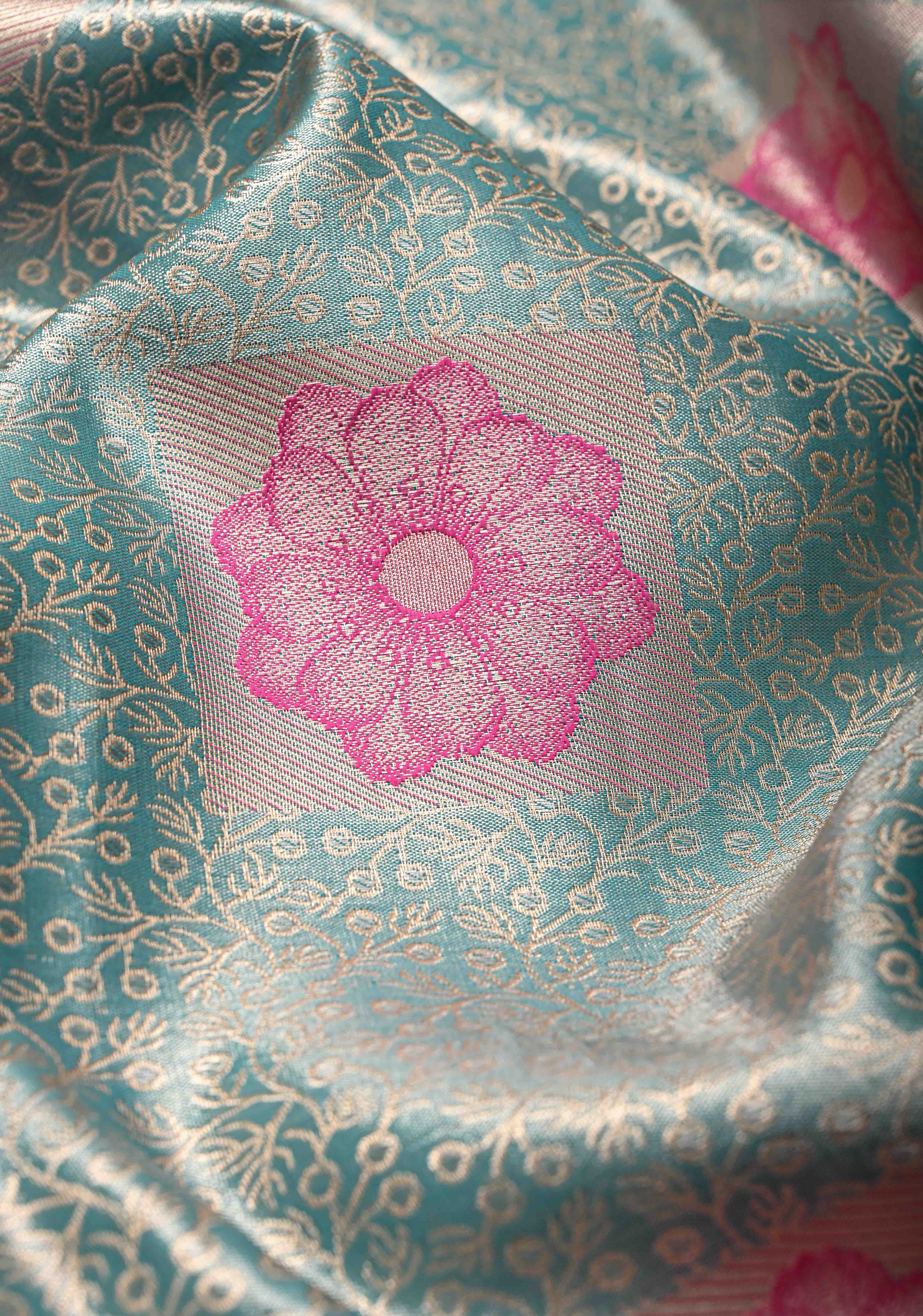 Green Brocade on Kanjivaram Tissue Semi Silk Saree with Meenakari Buttas and Contrast Zari Border | Shobitam