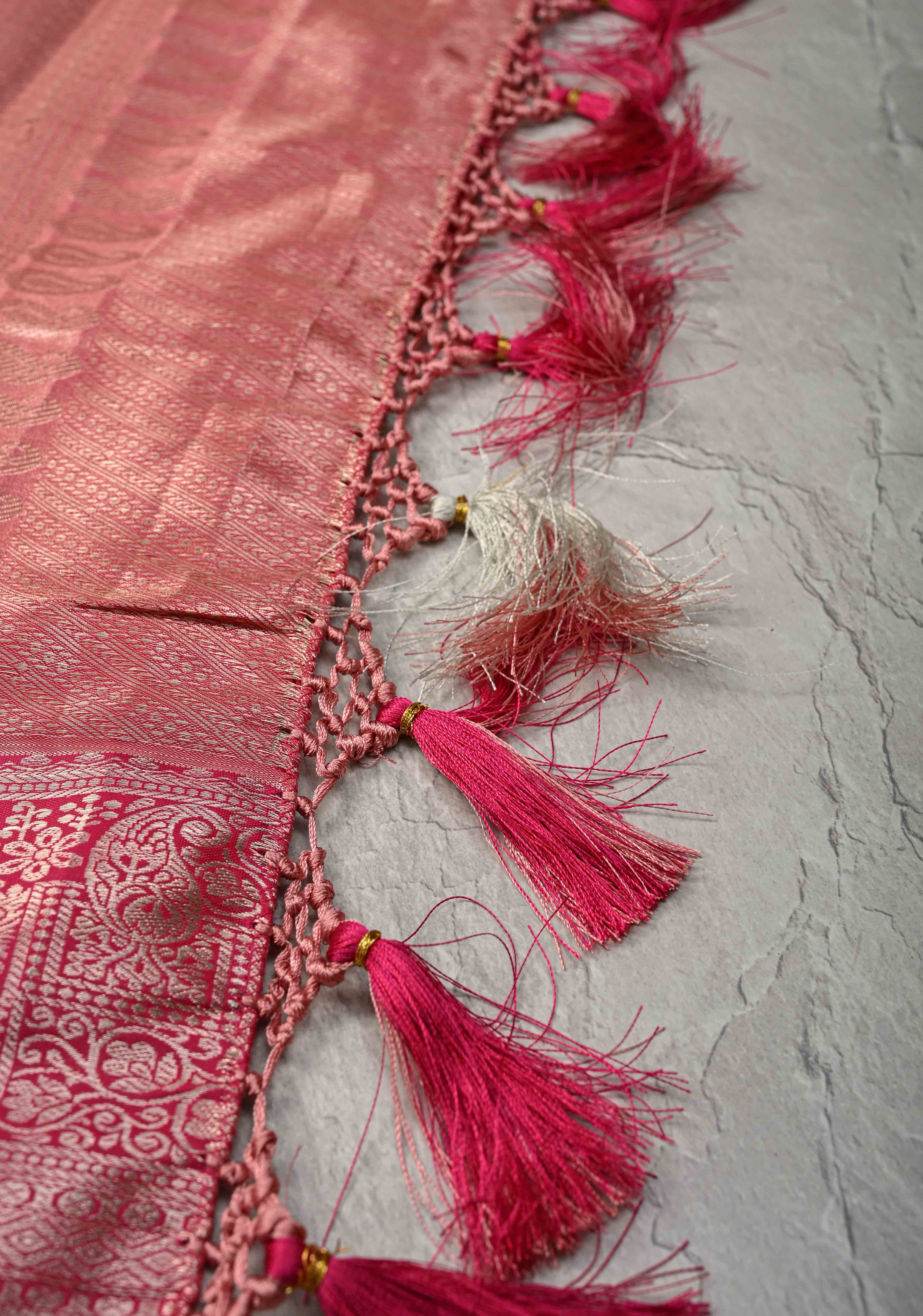 Taupe Brocade on Kanjivaram Tissue Semi Silk Saree with Contrast Zari Border | Shobitam