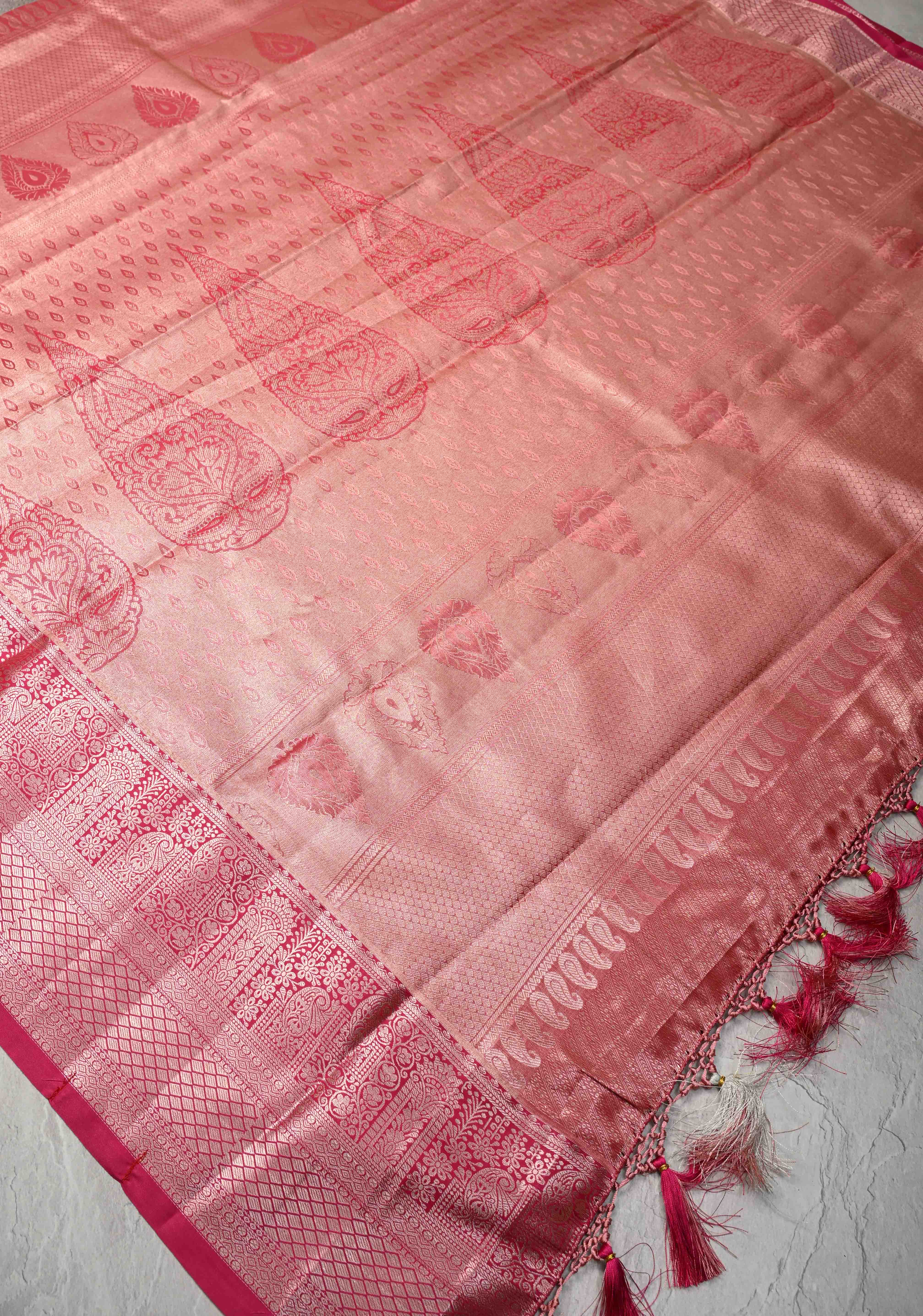Taupe Brocade on Kanjivaram Tissue Semi Silk Saree with Contrast Zari Border | Shobitam