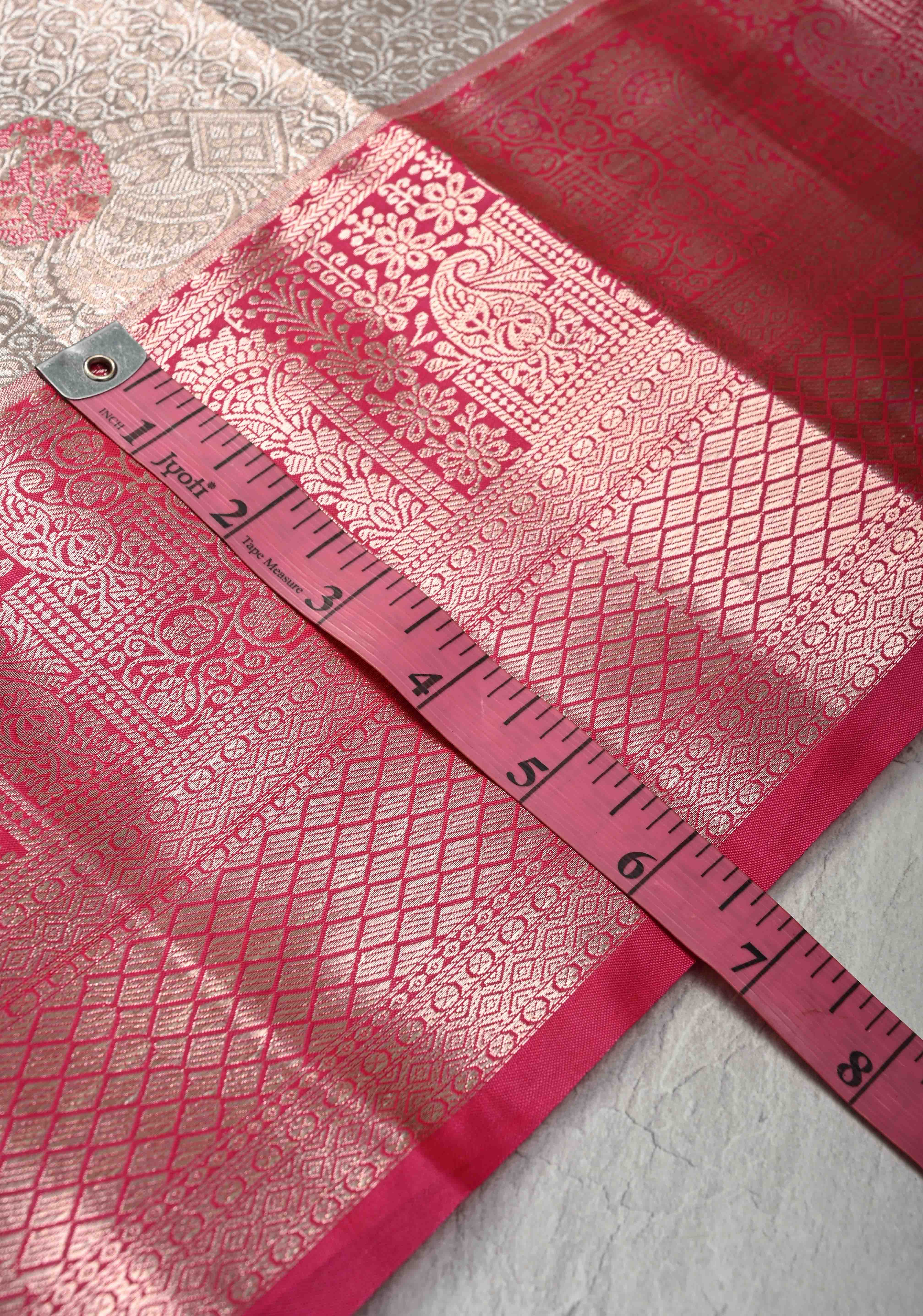 Taupe Brocade on Kanjivaram Tissue Semi Silk Saree with Contrast Zari Border | Shobitam