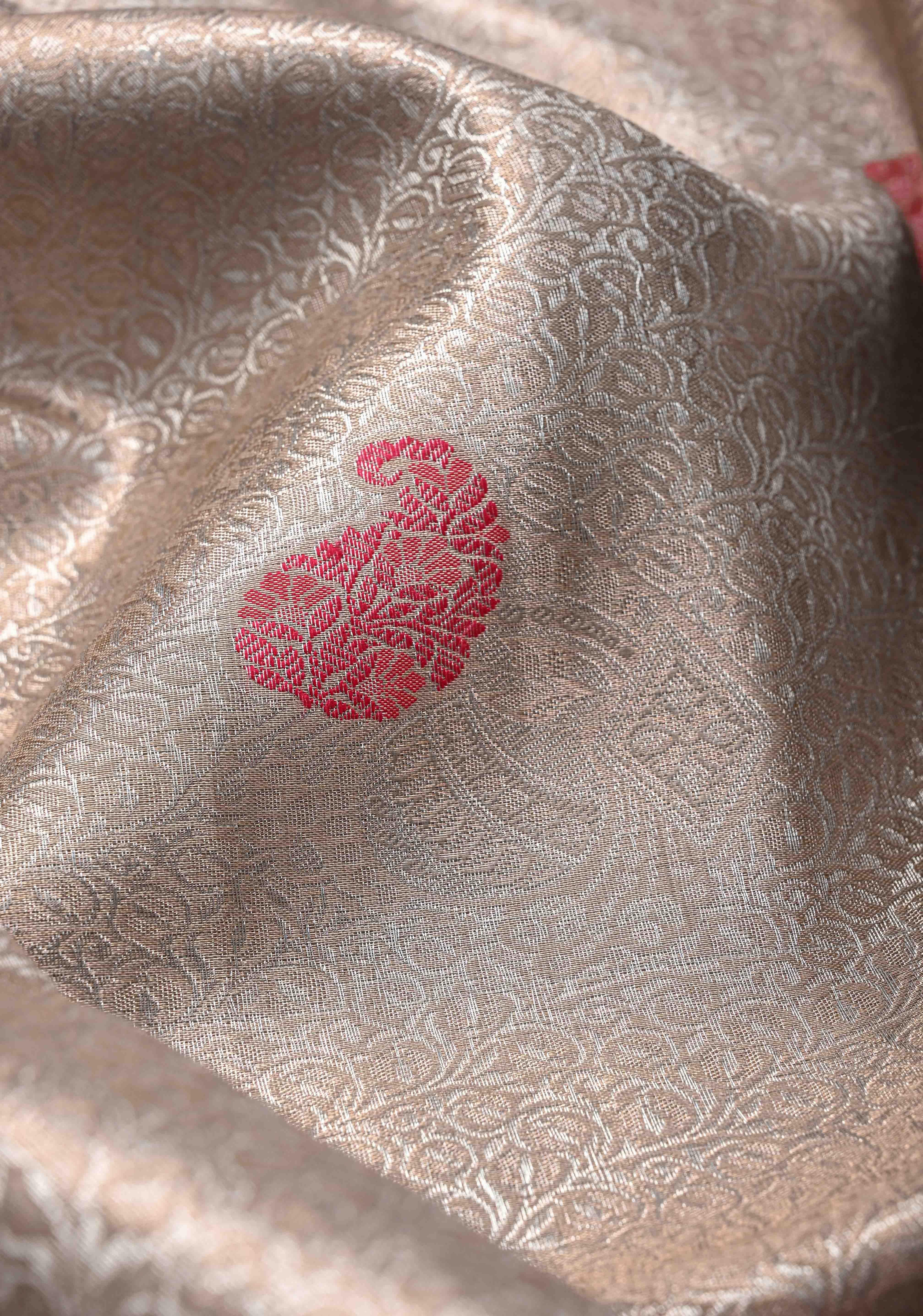 Taupe Brocade on Kanjivaram Tissue Semi Silk Saree with Contrast Zari Border | Shobitam