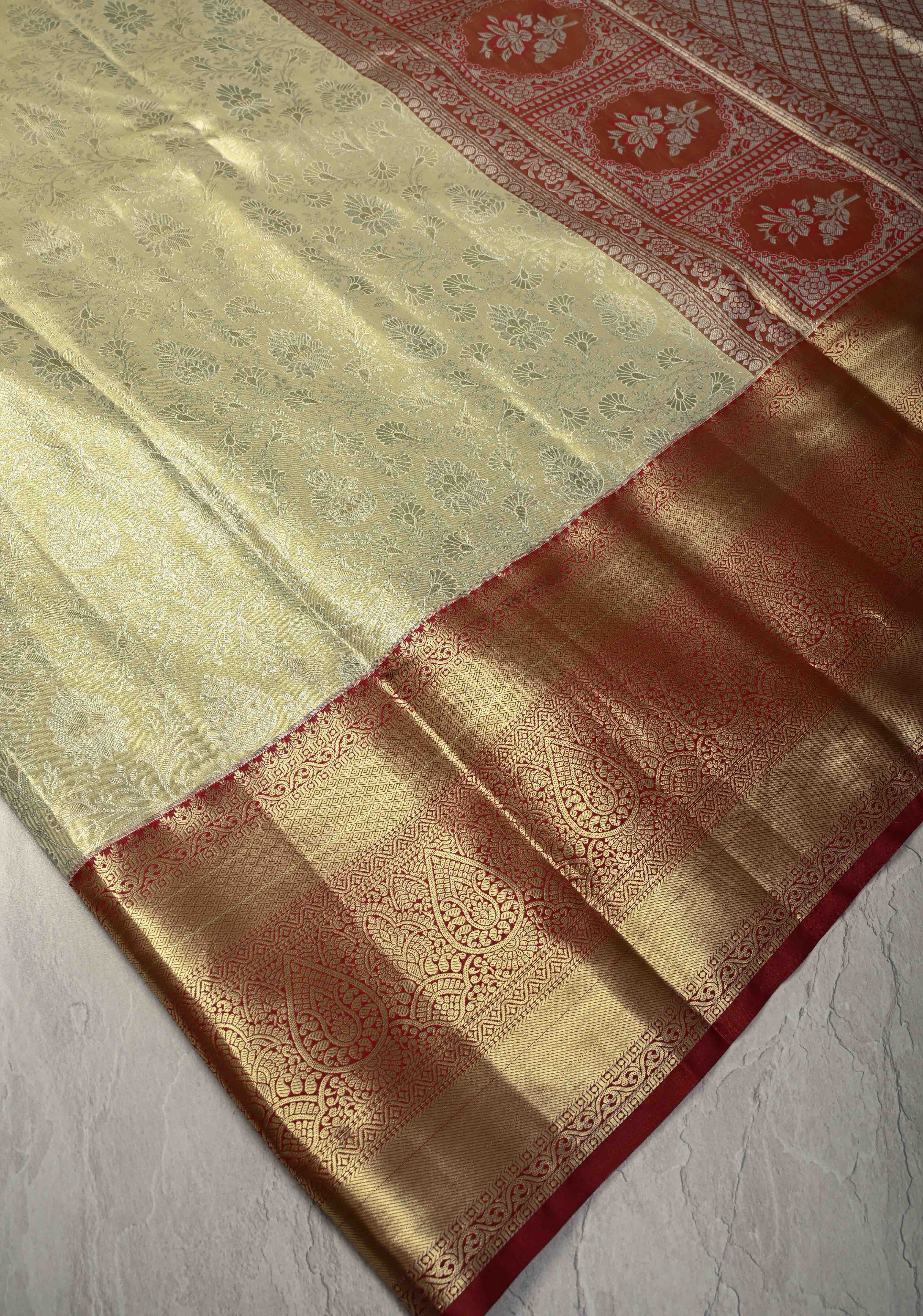 Lime Mist Kanjivaram Tissue Semi Silk Saree with Floral Brocade and Zari Border | Shobitam
