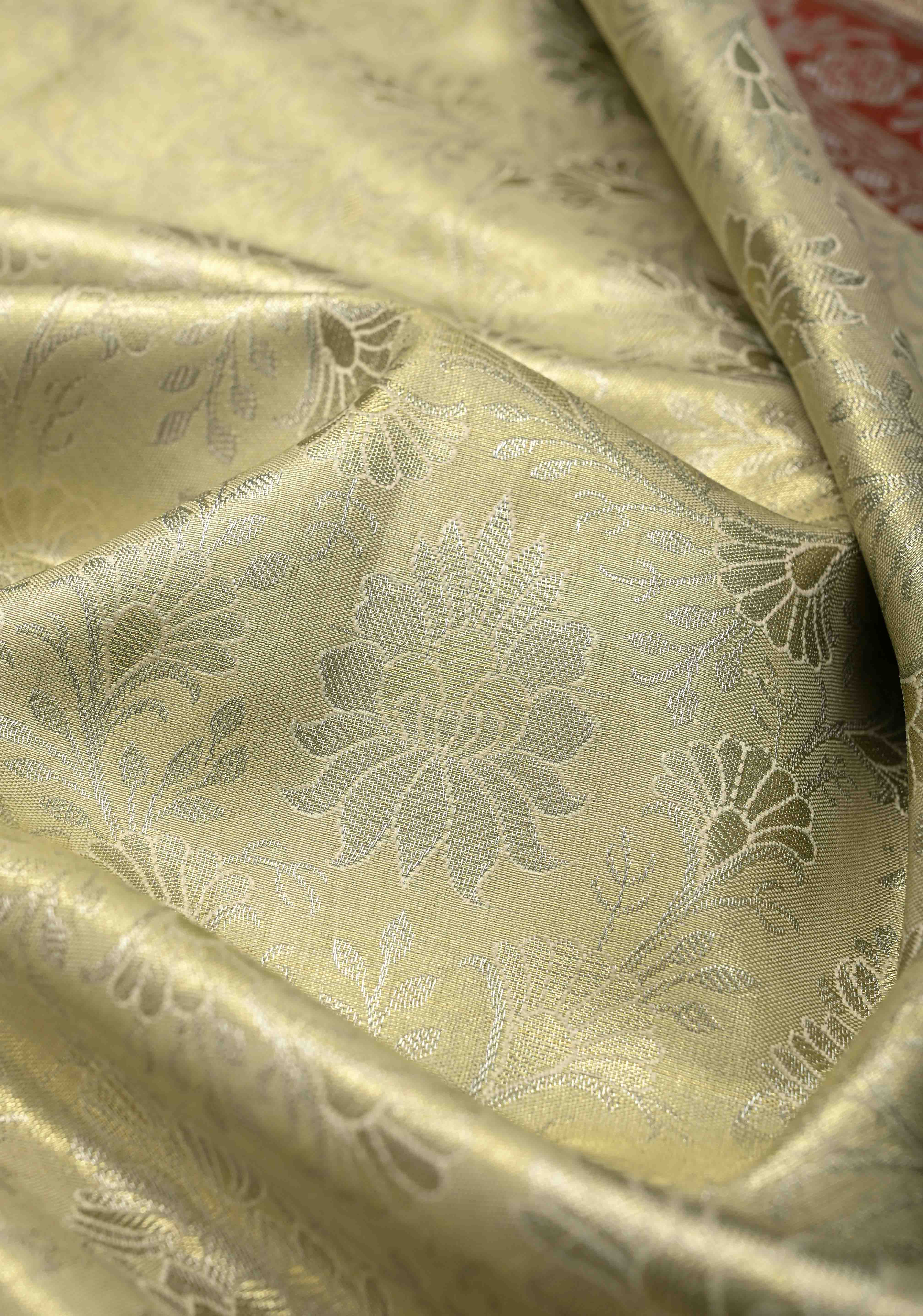 Lime Mist Kanjivaram Tissue Semi Silk Saree with Floral Brocade and Zari Border | Shobitam