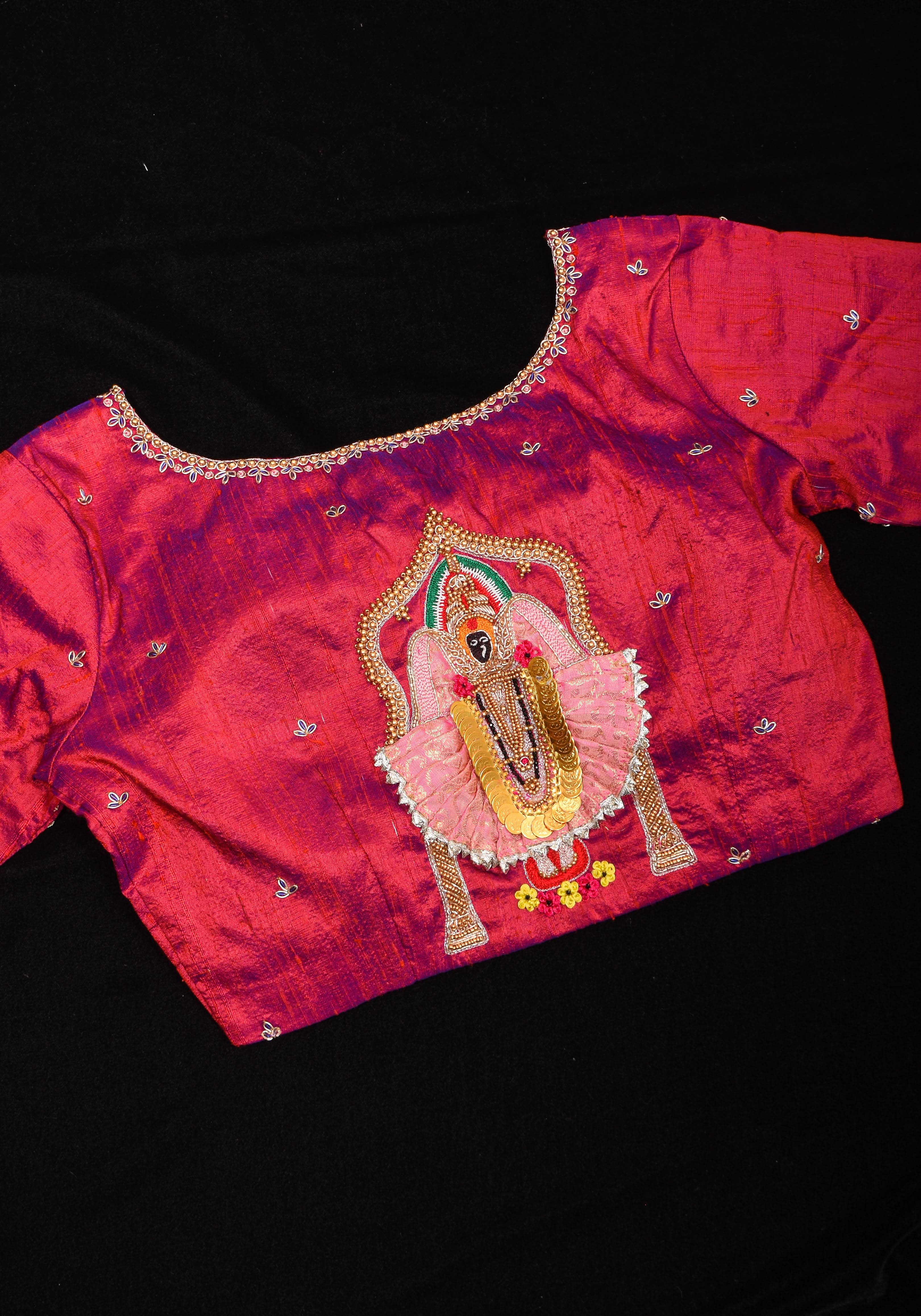 Kolhapuri Mahalakshmi Handwork Blouse on Fuchsia Dual Tone Pure Raw Silk | Made to Order | Shobitam